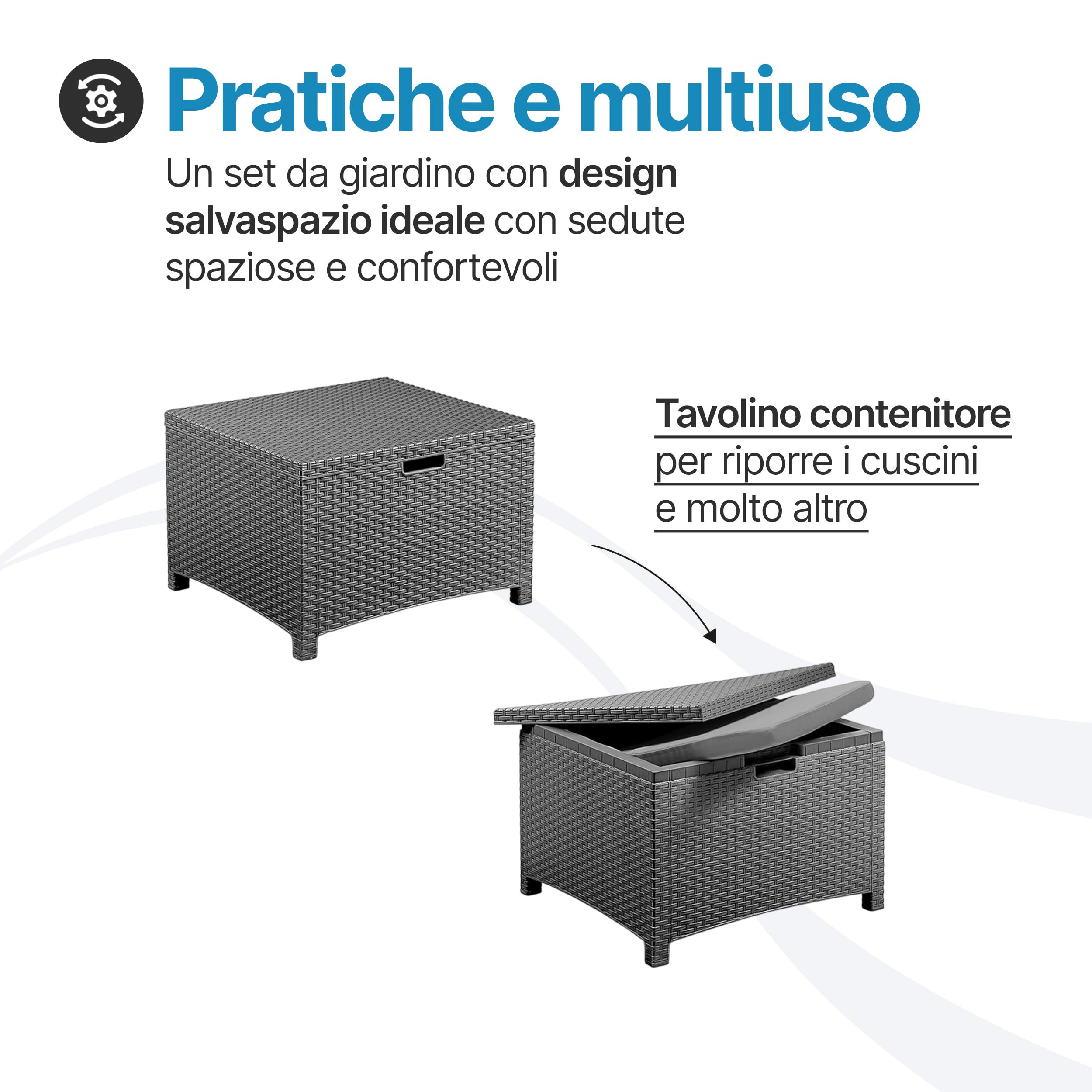 Tomaino - Salotto Da Giardino Esterno Stile Rattan - Set Salotto Da Esterno in Polipropilene Impermeabile e Idrorepellente - Salottino Giardino Nero