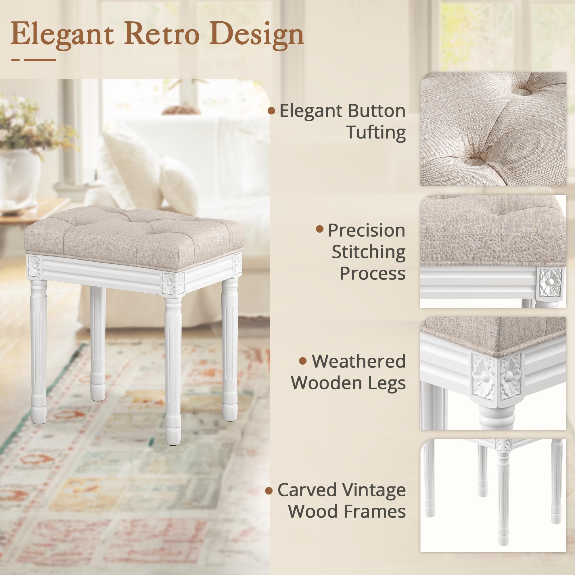 LUE BONA Upholstered Fabric Vanity Bench Seat, Makeup Stools for Vanity, Square Tufted Ottoman Bench with Carved Wood Color Legs for Bedroom Living Room, Beige: Linen and White