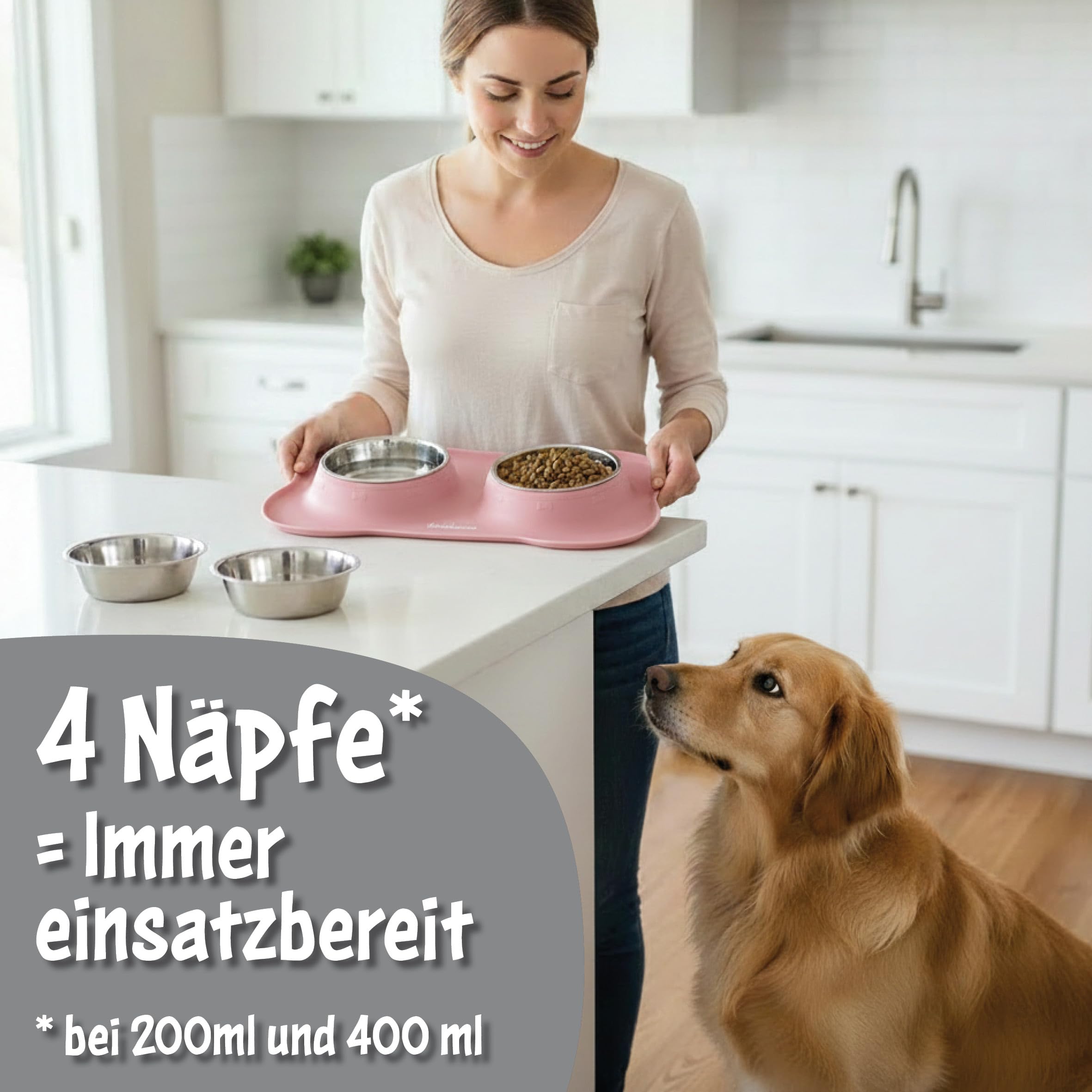 Napfunterlage mit Edelstahl Näpfen für Katzen & Hunde, 400ml, Rosa