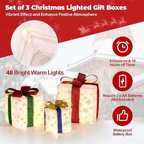 Miniatura 6 de Tangkula Juego de 3 cajas de regalo iluminadas de Navidad, decoración navideña preiluminada con 48 luces brillantes y cálidas, cajas de decoración