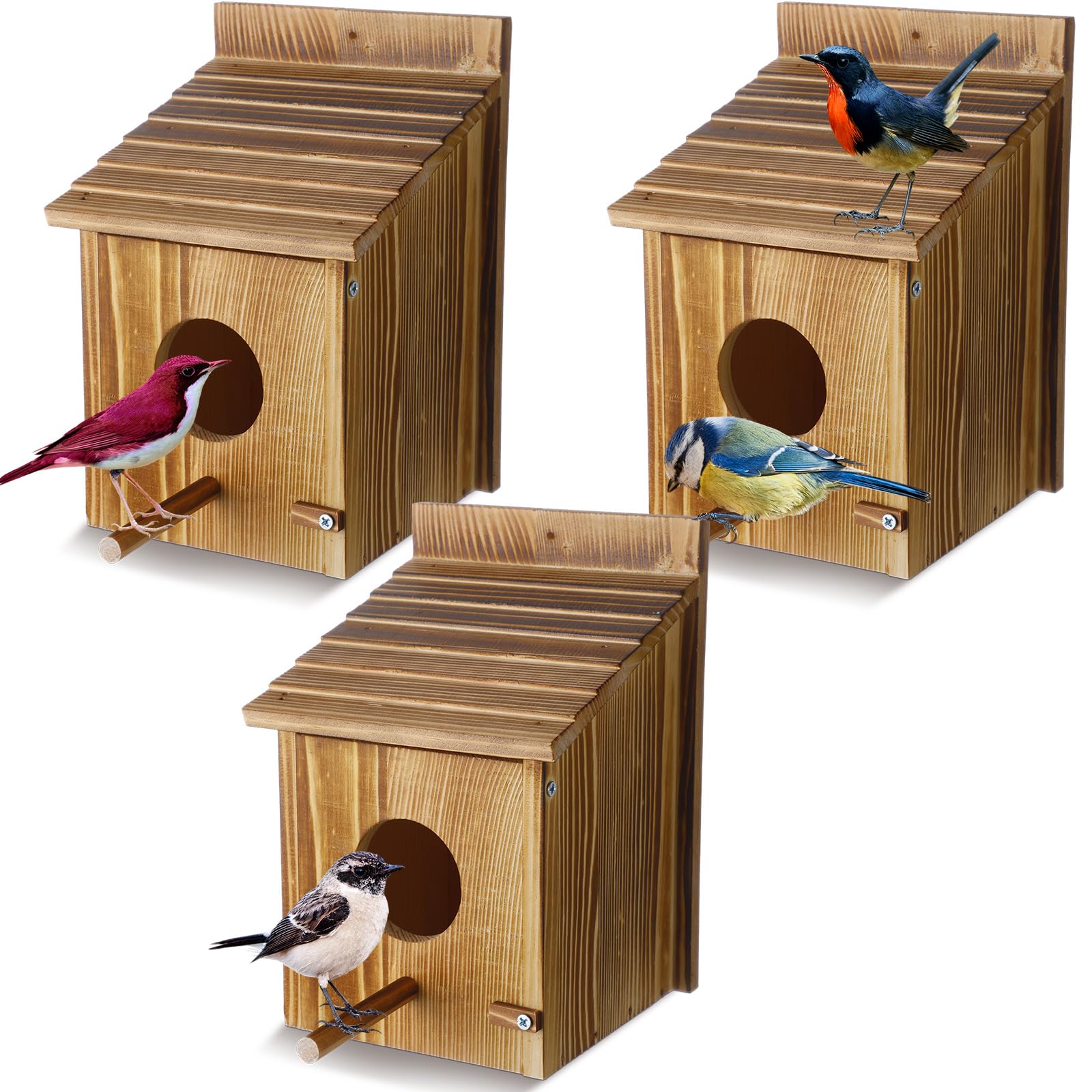 Tradder 3 Pcs Wood Bird Houses for Outside with Pole Hanging Bluebird Wooden Birdhouse for Outdoor Small Bird Nest Box for Finch, Bluebird,