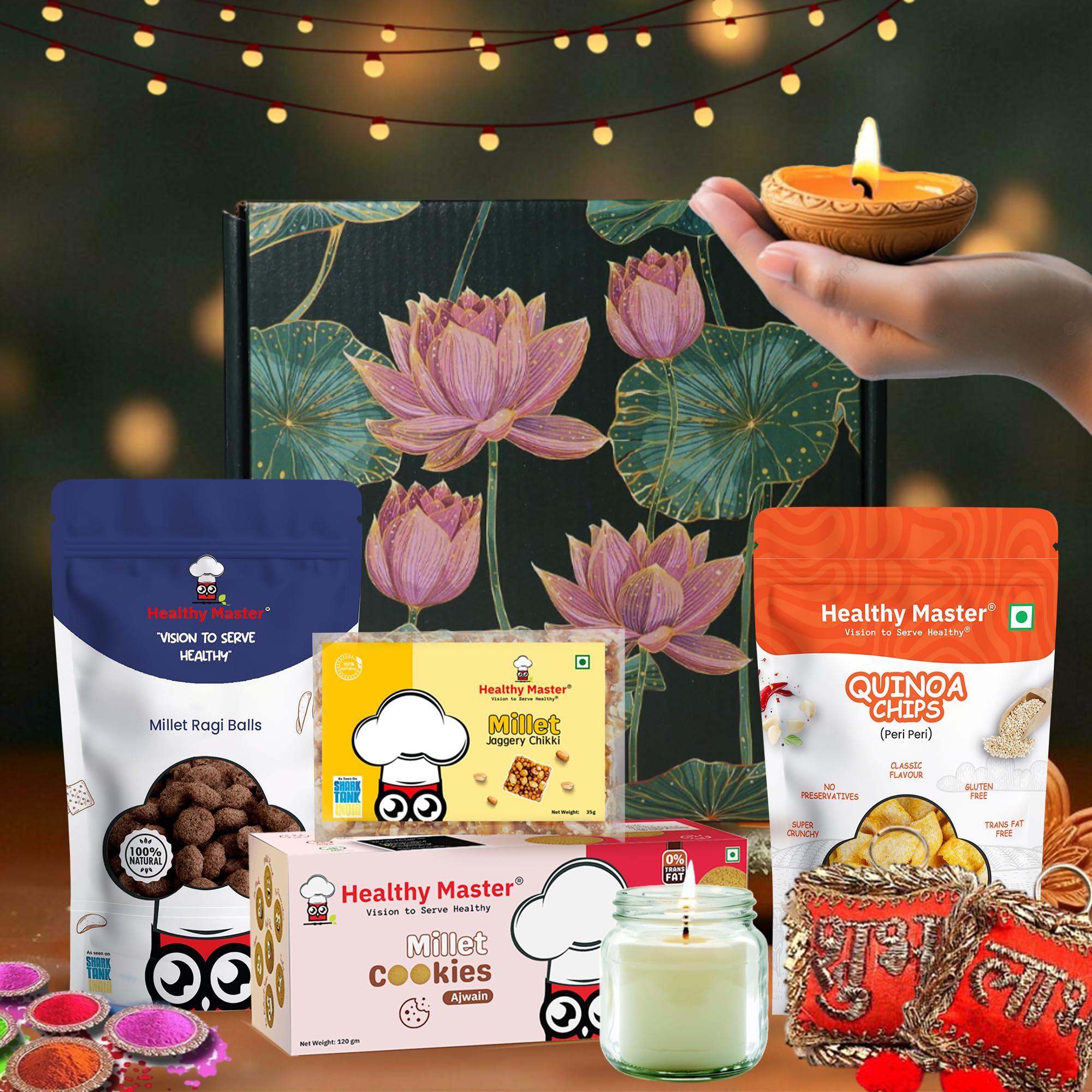Healthy Master Box of 7 | Majestic Moments | Corporate Gifts for Diwali Sweets | Gift Hampers for Diwali | Healthy Snacks, Millet Balls, Cookies, Candle, Rangoli, Shubh Labh | Premium Gift Box | Festive Gift for Loved Ones | Healthy Hamper | Corporate Gift