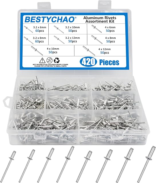 BESTYCHAO 420pcs 8 Sizes Aluminum Blind Rivets, M3.2 M4 Pop Rivets Assortment Kit (Silver)