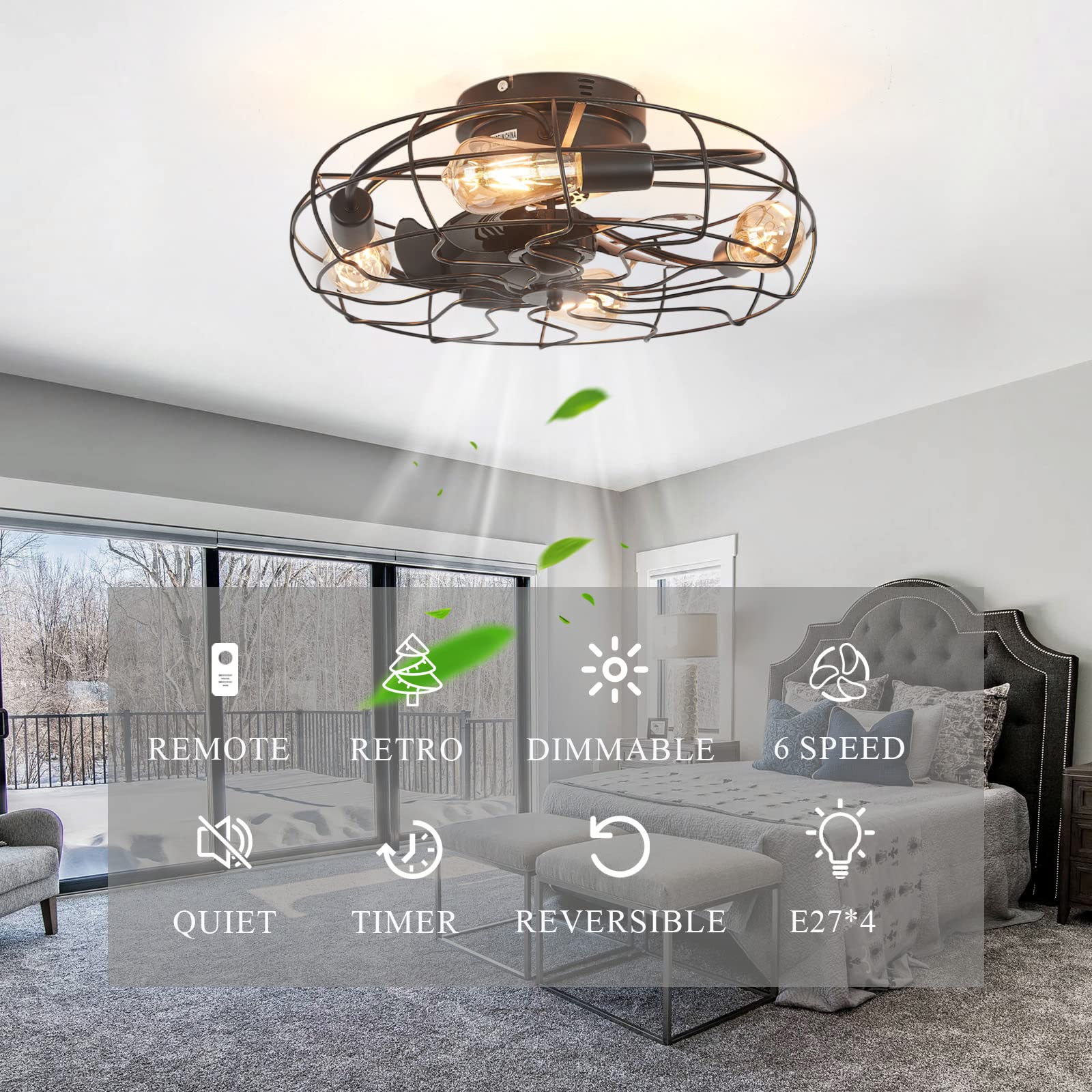 KNVSS Lampadario Con Ventilatore A Soffitto 103cm Nero - LED Dimmerabile, 6 Velocità, Reversibile, Telecomando E App, Silenzioso Per Soggiorno - 4