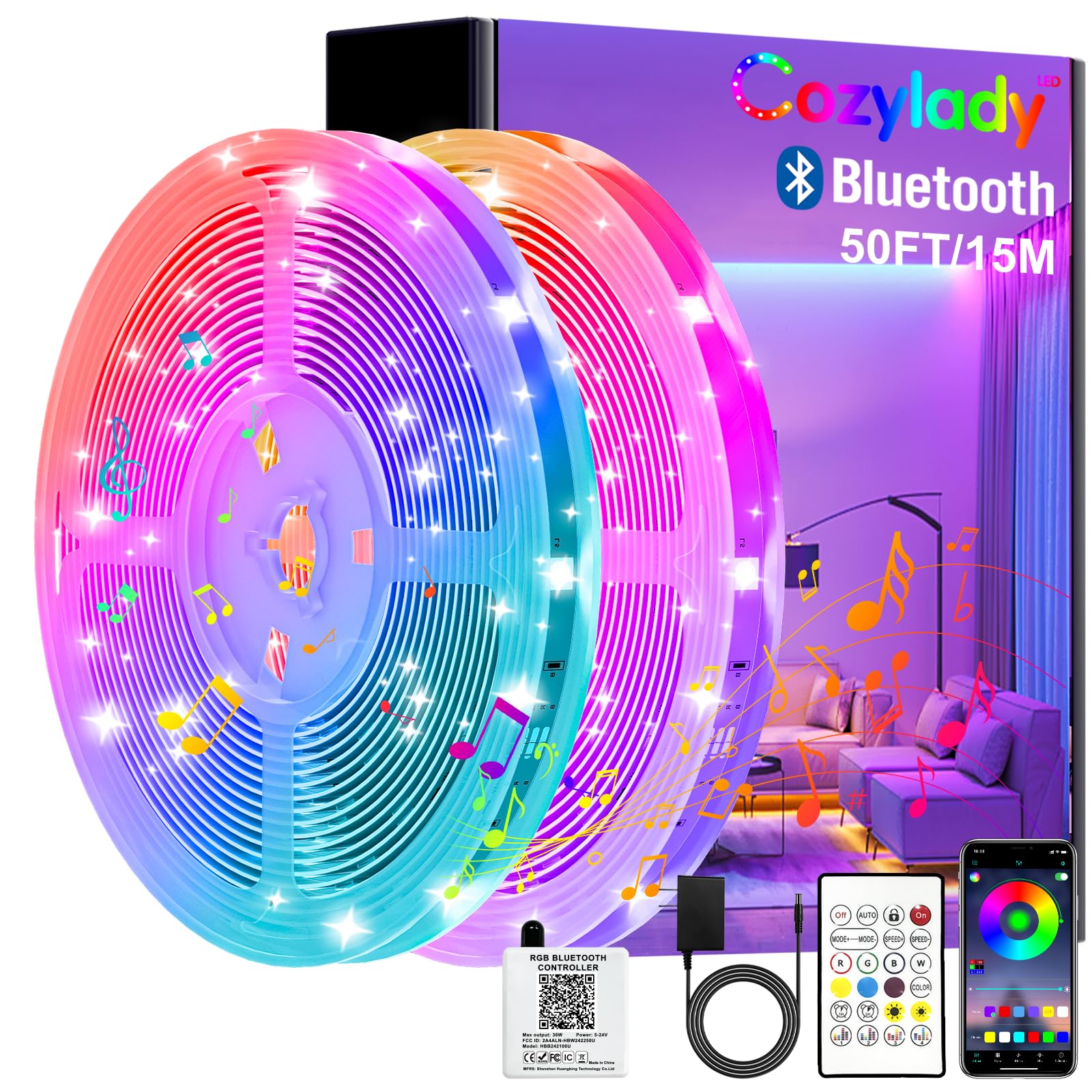 Cozylady 15m Smart LED Strip Lights - App Controlled LED Light Strips - 50ft RGB Music Sync LED Lights Strip for Bedroom Decor, Room Decor, Children's Room (15m-GM004)
