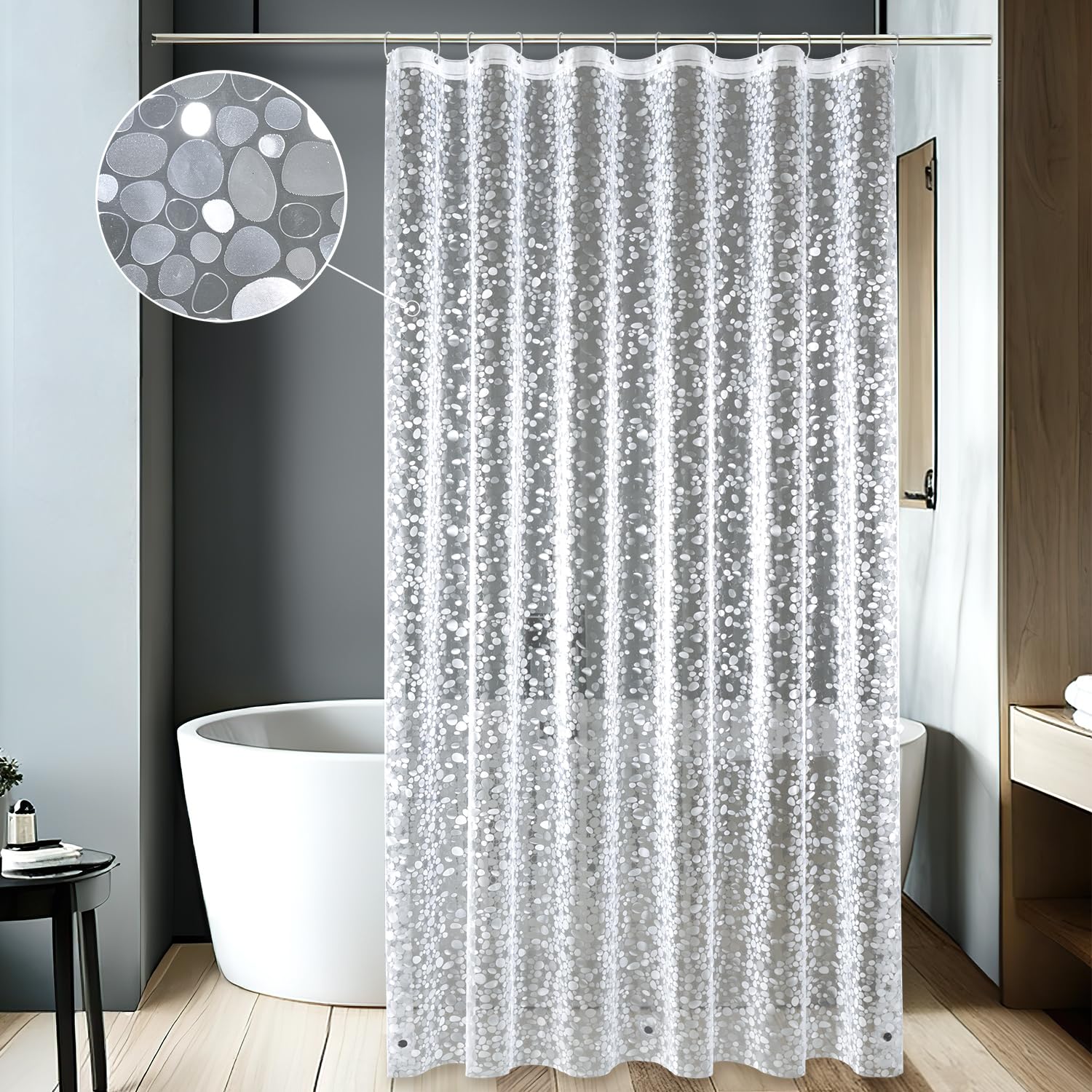 MIULEE Cortina de Ducha Antimoho 150x180 con 3 Imanes más Fuertes en la Parte Inferior, Transparente con Patrón de Guijarros 3D, Cortinas de Baño de Plástico Eva Impermeable para Bañera con 10 Anillas