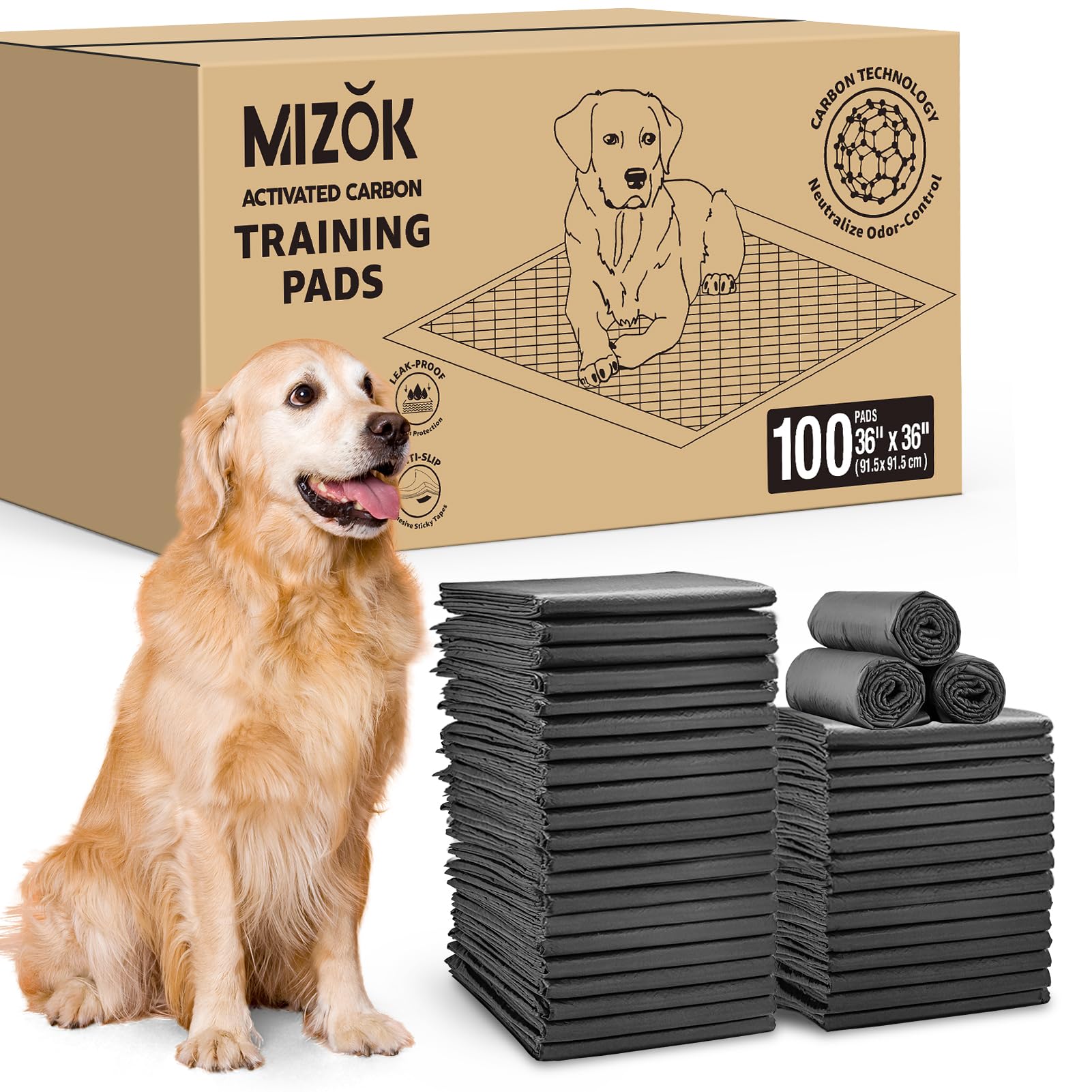 MIZOK Charcoal Dog Pee Pads Activated Carbon 36x36in Dog Pads Odor Control Up to 11 Cups of Liquid Super Absorption Pee Pads for Dogs Quick Dry & Leak-Proof Puppy Pads (100 Counts)