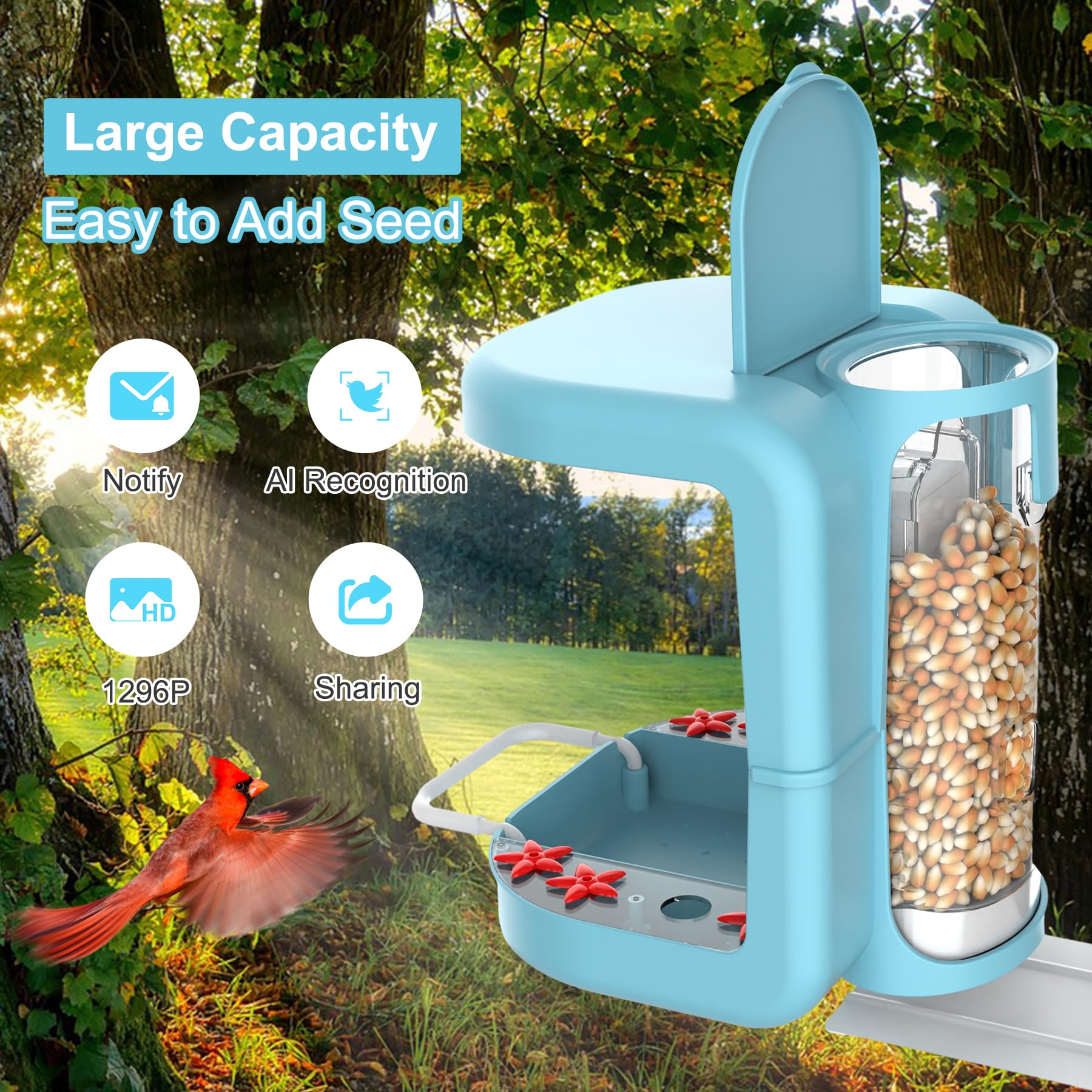 Comedero inteligente para pájaros con cámara, cámara de alimentación solar para pájaros, notificaciones en tiempo real, cámara de video en vivo HD 1296P, regalo ideal para los amantes de las