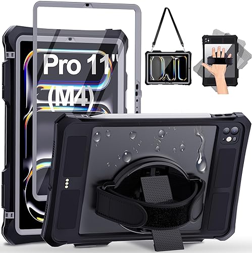 Case for iPad Pro 11 Inch 2024 5th Generation with Screen Protector, Waterproof Case for iPad Pro 11 M4 2024 with Pencil Holder & Stand & Shoulder Strap & Handle, Full-Body Rugged Cover, Black - Black - for iPad Pro 11 inch 2024 M4