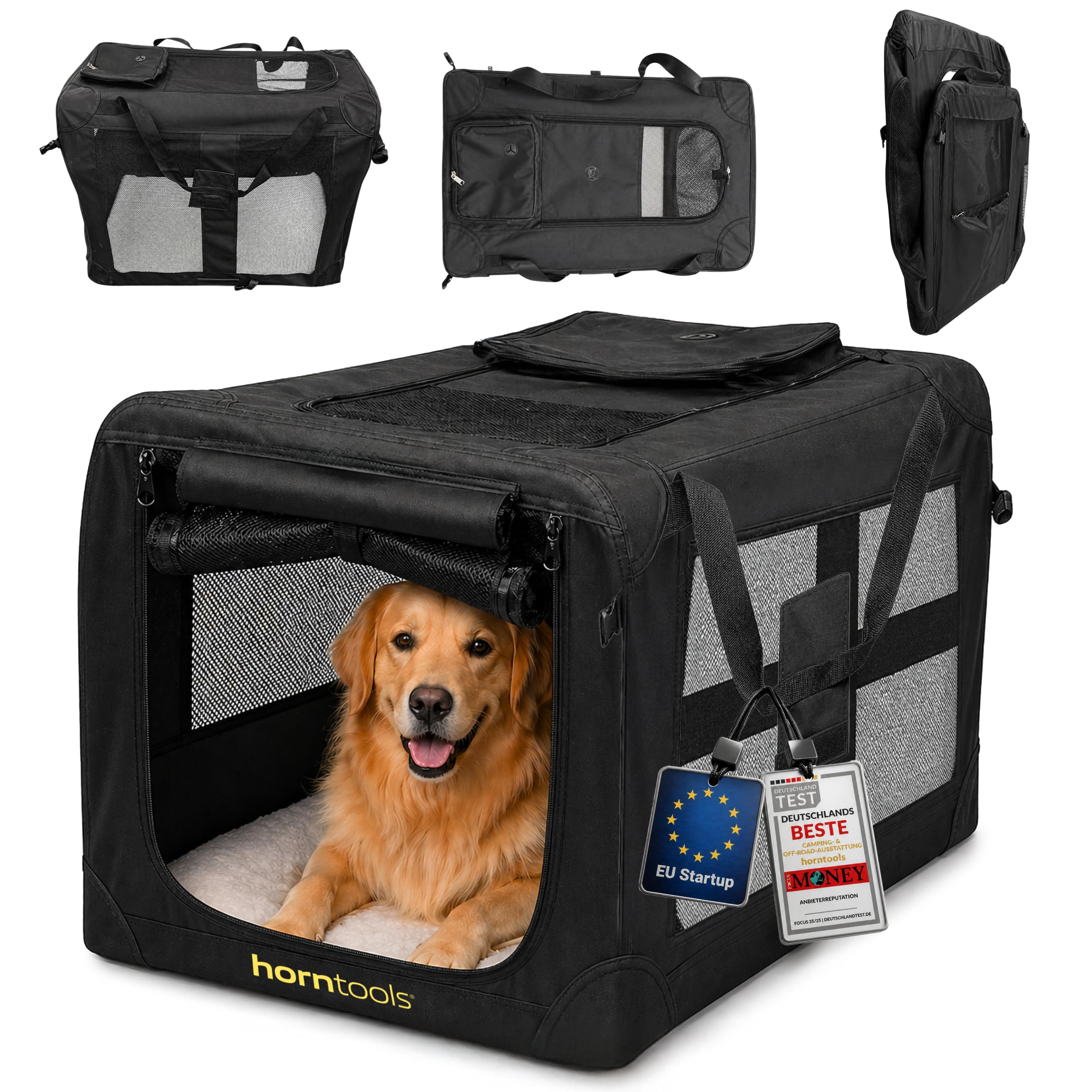 HORNTOOLS Faltbare Hundebox - Hundetransportbox mit Netzfenstern, Abnehmbarer Matte - Atmungsaktive Reisetasche für Hunde und Katzen - Transporttasche für Camping, Reisen & Zuhause - 74x53x52 cm
