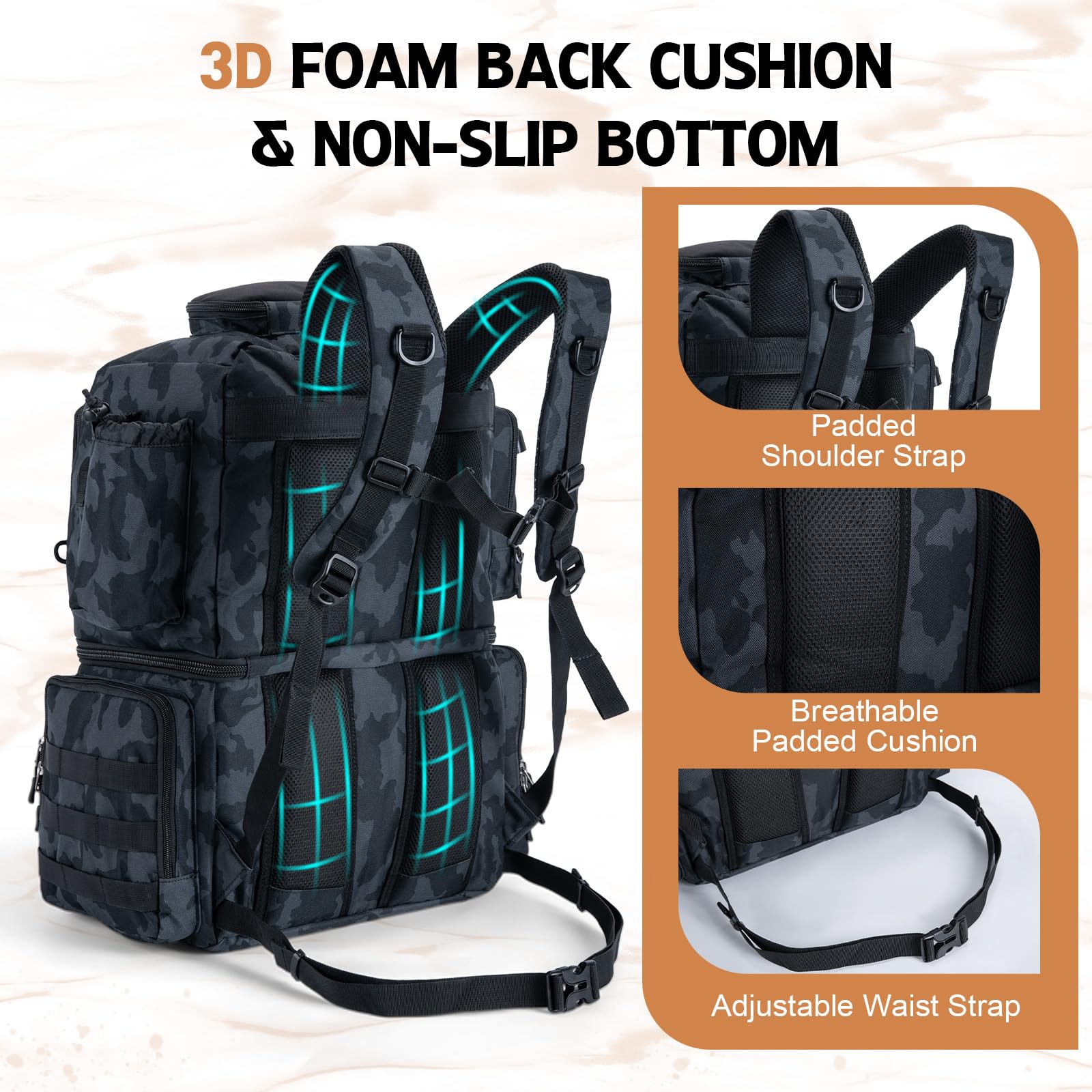 Goture Angelrucksack mit 4 Angelboxen, 78L 600D wasserabweisender Angelrucksack mit Kühler, Rutenhalter, 8 Ködertaschen, Regenschutz, große Angeltasche, Aufbewahrung, Ausrüstungstasche für Camping