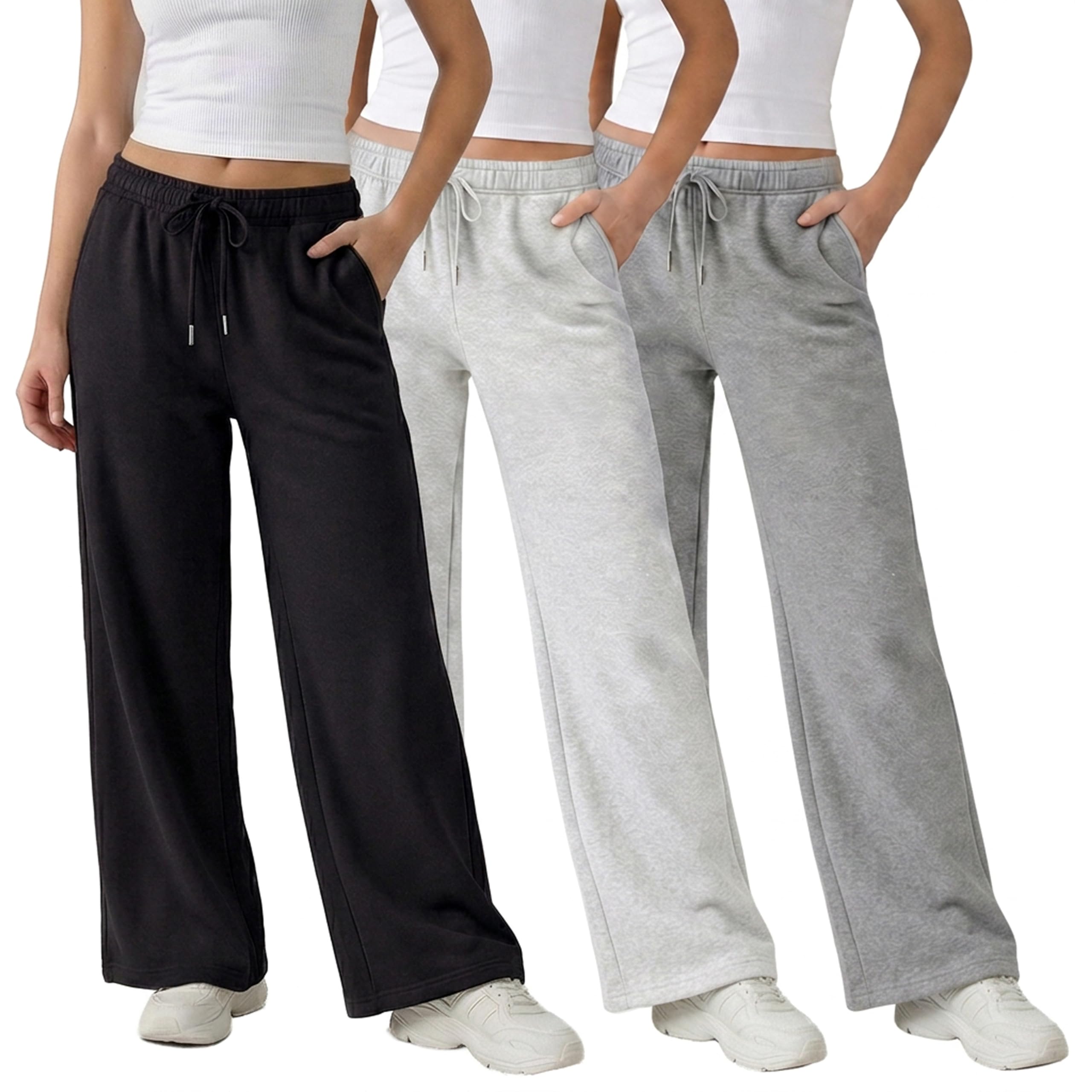 Common Stitch 3 Pack Wide Leg Fleece Lounge Sweatpants for Women — Deep Pockets, Relaxed Fit, Elastic Drawstring Waist