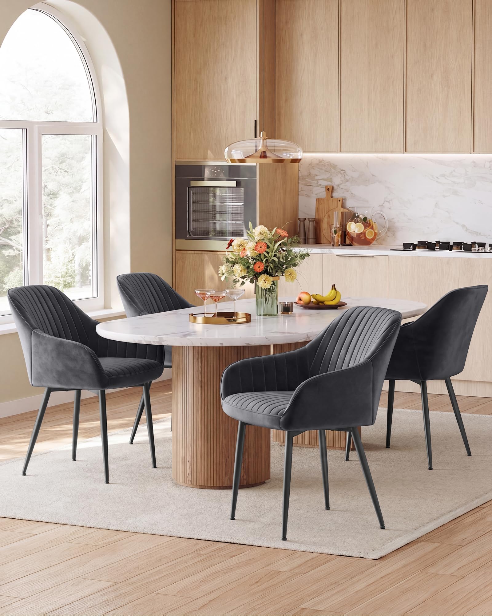 SONGMICS Esszimmerstuhl, 2er Set, Küchenstuhl, Sessel, Samt, Polsterstuhl mit Armlehnen, Loungesessel, bis 120 kg belastbar, Metallbeine, für Esszimmer, Küche, grau-tintenschwarz LDC087G02