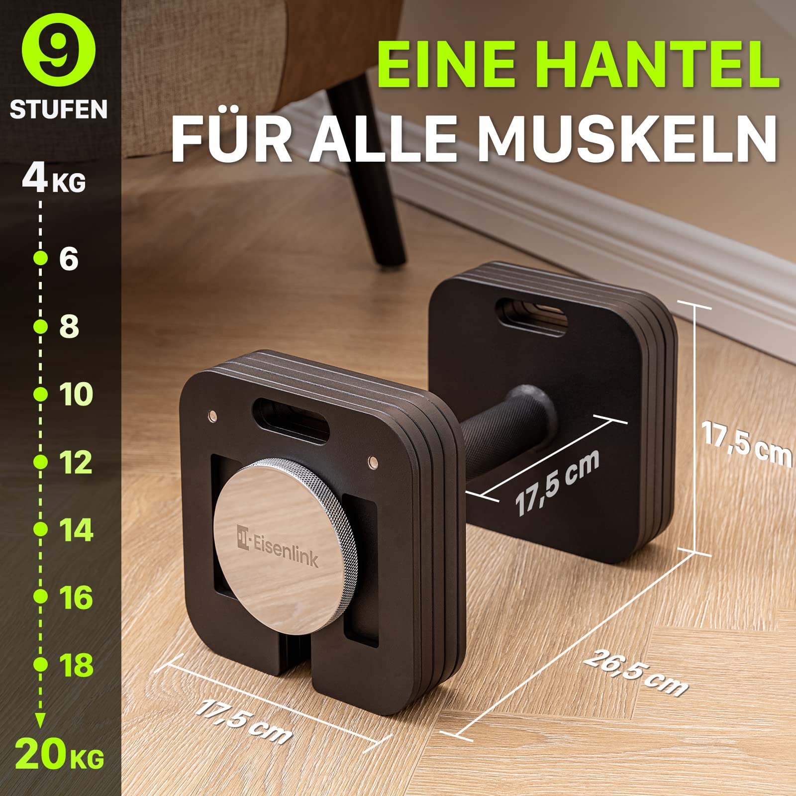Eisenlink Regulowane krótkie hantle kwadratowe, 1 sztuka, 20 kg, 36 kg – innowacyjne, ultrakompaktowe, regulowane hantle z antypoślizgowym uchwytem, do fitnessu, treningu siłowego, domu