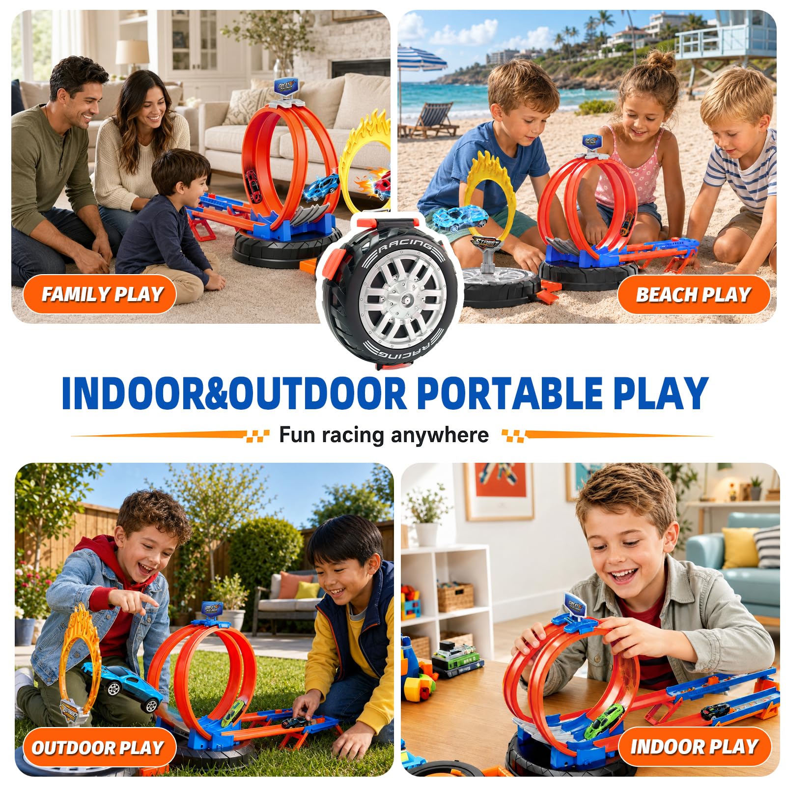 Ronronner Circuit Voiture Transformable avec Boucle 360° & Anneau de Feu – Circuit Voiture Enfant Flexible, 6 Mini Voitures, Auto Spielzeug Circuit Électrique sans Pile pour Garçons