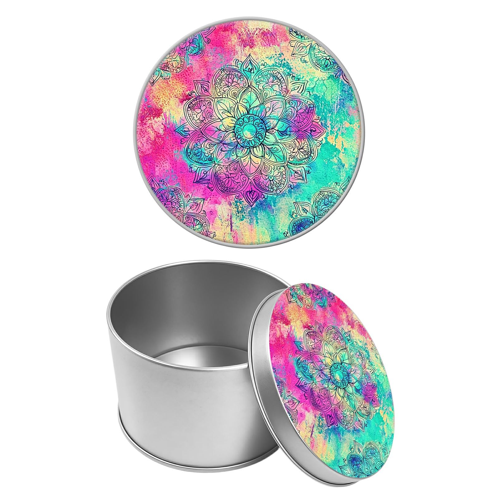 Round Metal Tin Container with Removable Lid, Galaxy Mandalas Durable Metal Storage Box for Cookies Spices Tea Candies Cakes Jewelry Cosmetics 3.54 x 2.36 inch– Single Pack