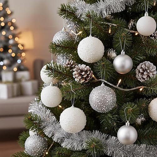 Vista 103 de Lyrow Juego de 24 adornos de bolas de Navidad con purpurina de 4 pulgadas, bolas de Navidad a granel, adornos colgantes de espuma de lentejuelas