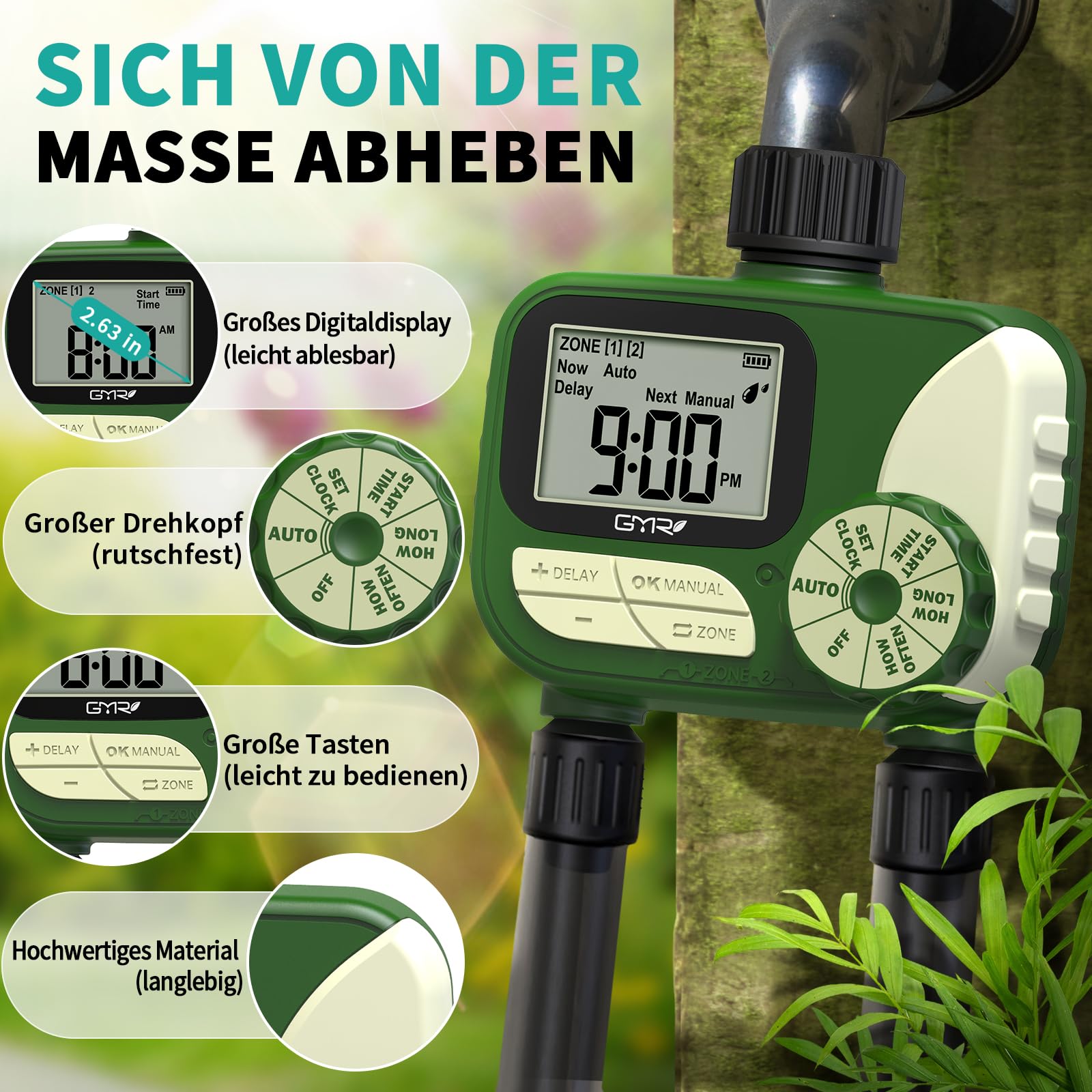 GMR Computer di irrigazione con 2 uscite, controllo di irrigazione per tubo da giardino, contatore dell'acqua programmabile, ritardo della pioggia, manuale/automatico, sistema di irrigazione per