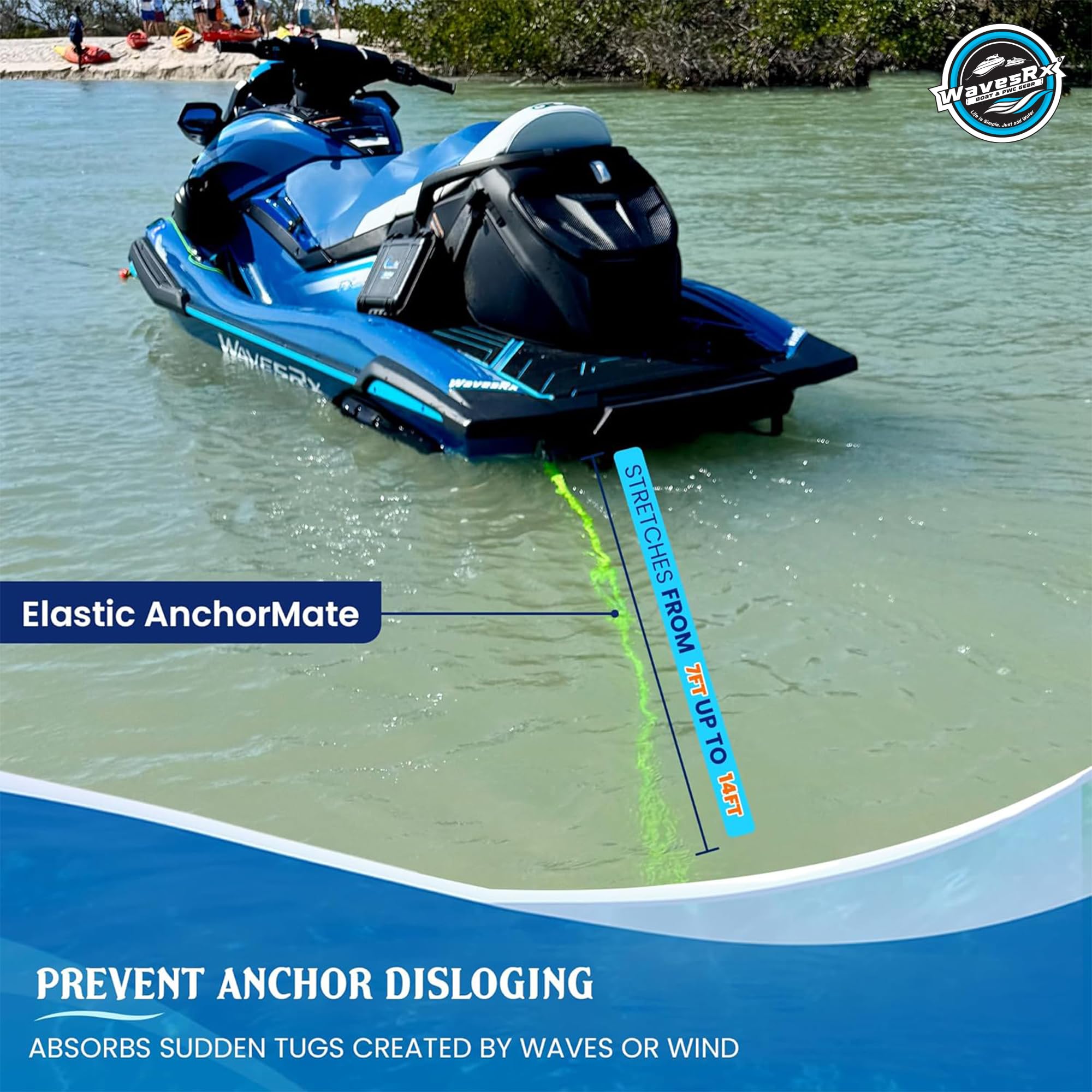 WAVESRX AnchorMate Bungee Line | Boat Bungee Dock Lines for Boats, PWCs & Kayaks | Absorbs Shock from Swells & Wind, Prevents Anchor Dislodging | Perfect for Anchoring, Mooring & Tethering