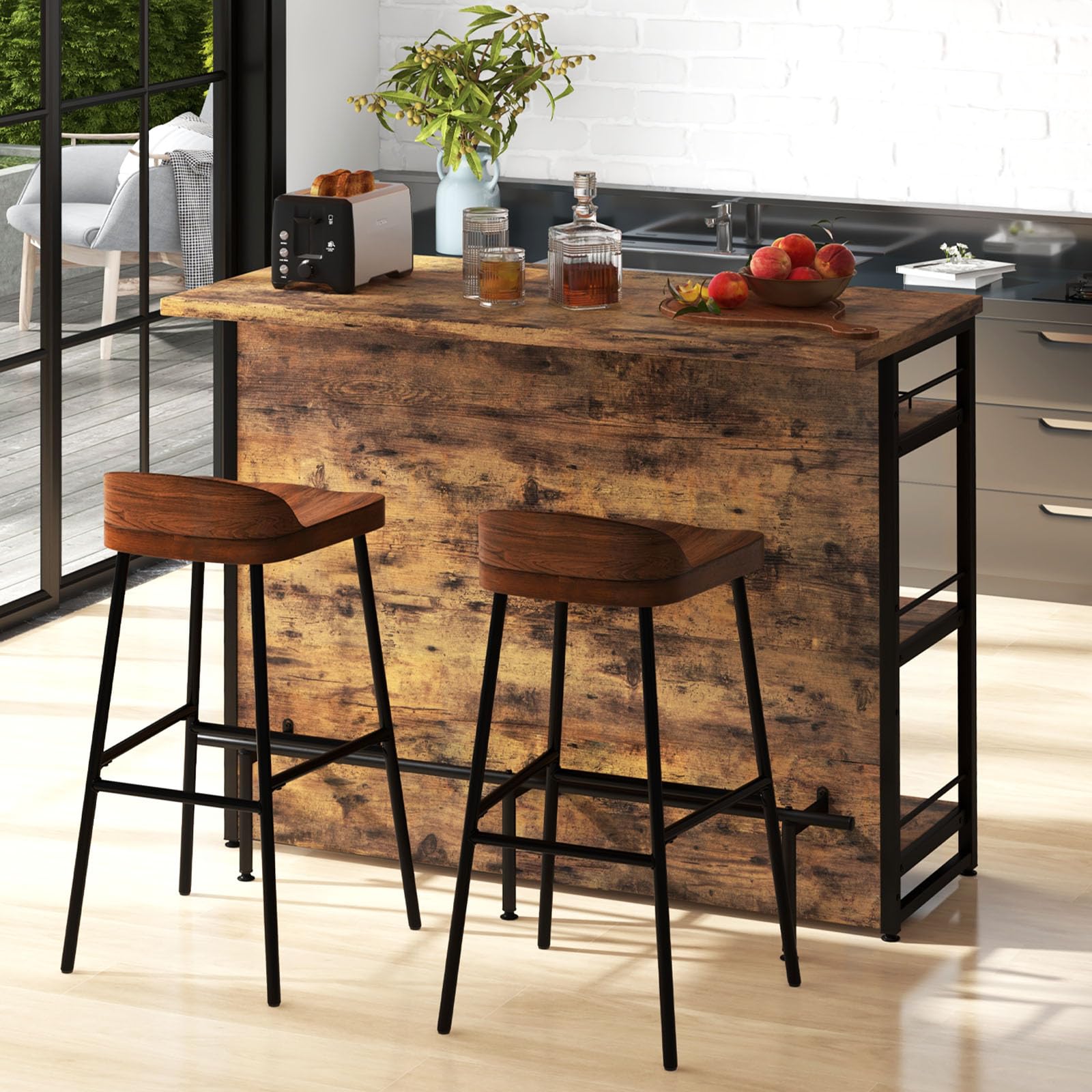GIANTEX Ilot Central Cuisine avec Plan de Travail, Table de Bar à 4 Niveaux avec Porte-Bouteilles, Porte-gobelets, Casier à Vin et Supports pour Verres à Pied, 60 x 120 x 101 CM (Marron)
