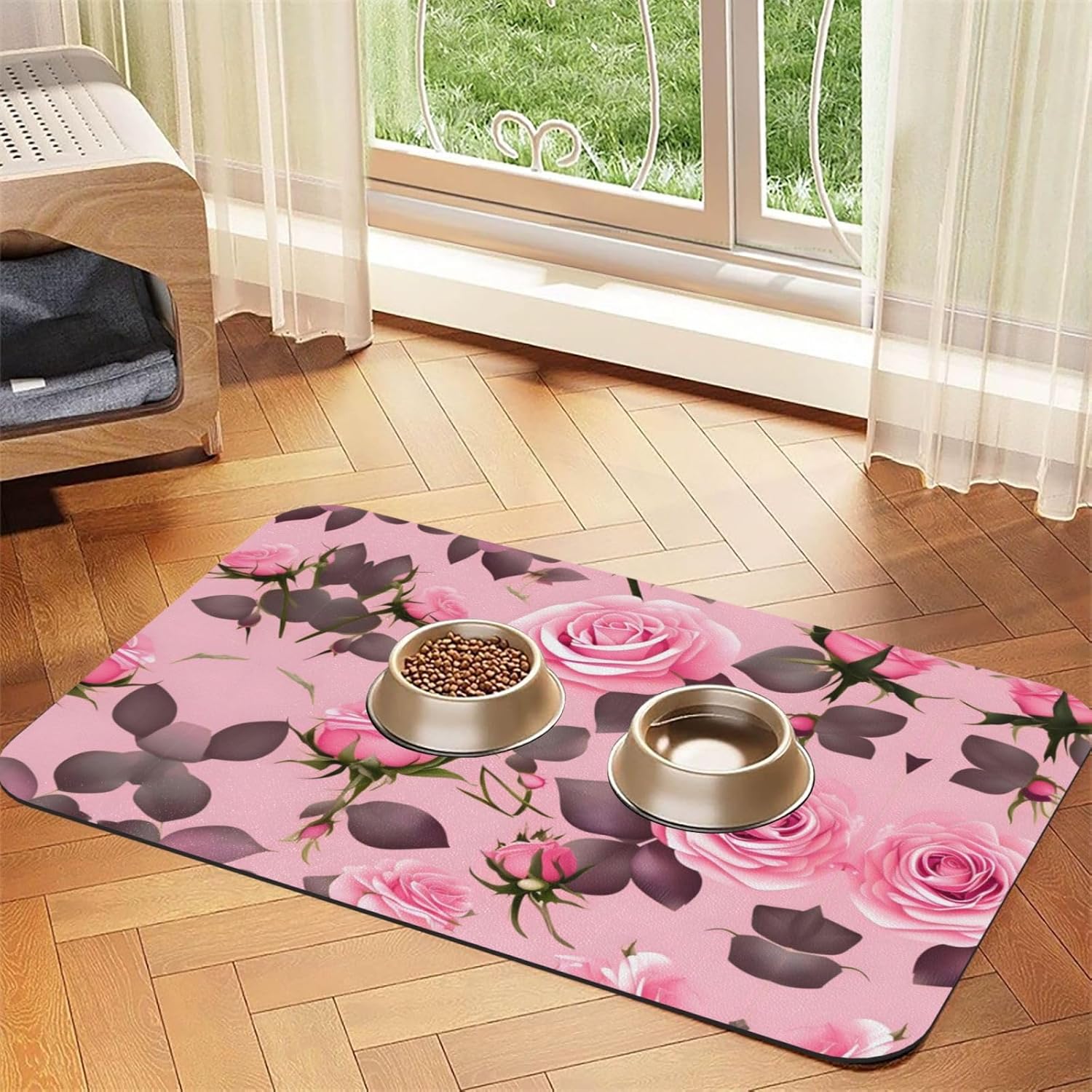 30x45cm Pretty Pink Roses Print Pet Absorbent Feeding Mat - Quick Dry Food Pad/Leather Placemat, for Dog Cat Food Bowl Water