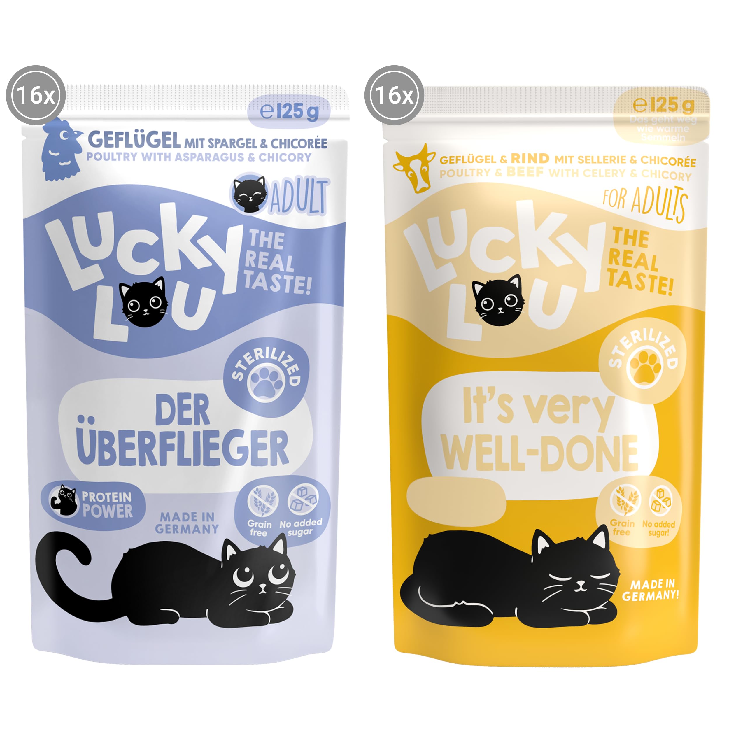 Lucky Lou Lifestage Sterilized Geflügel & Rind Mix-Paket Katzenfutter nass - für sterilisierte Katzen mit viel Protein - Nassfutter getreidefrei & ohne Zucker, 125g (32er Pack)