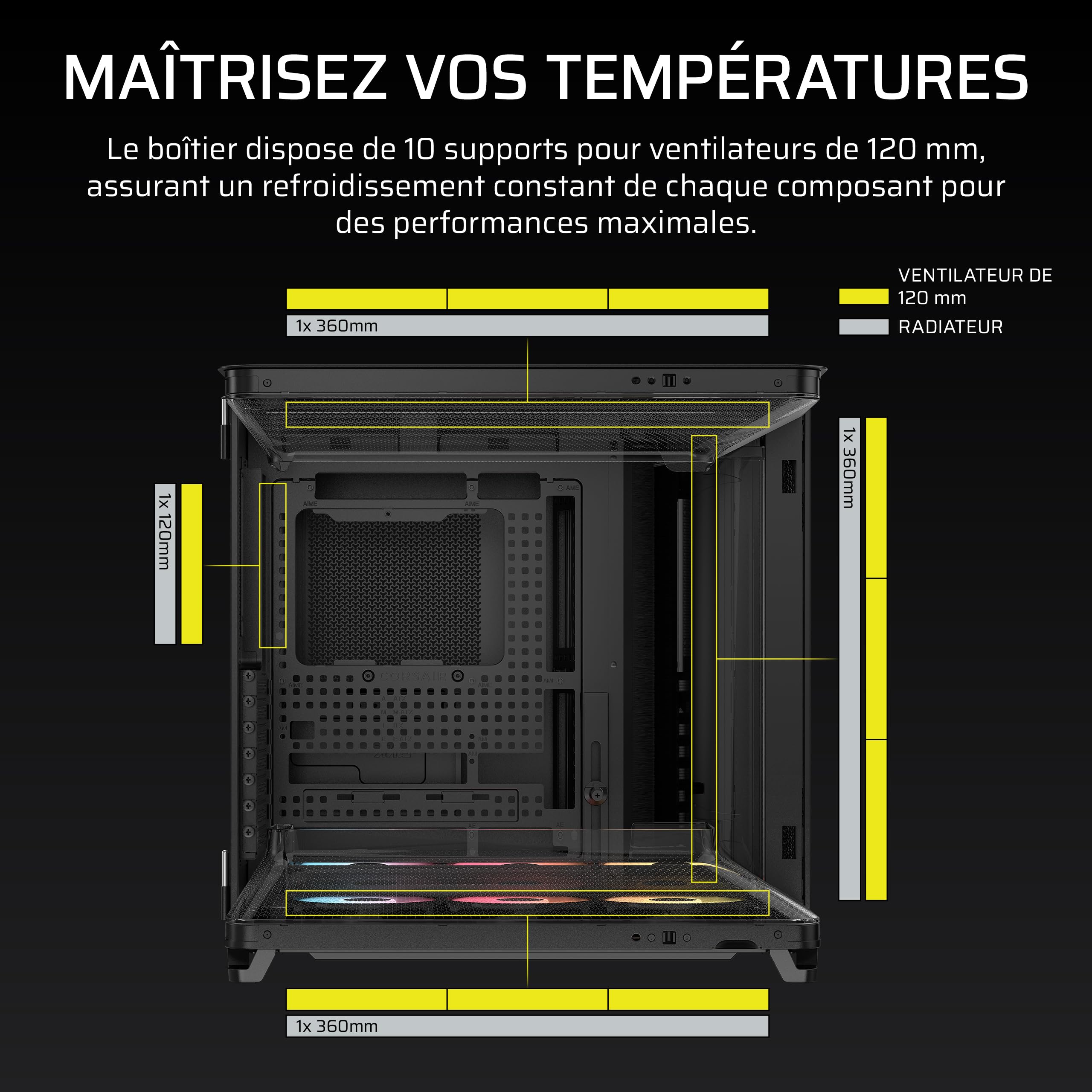 CORSAIR AIR 5400 RS-R ARGB Boîtier PC Triple Chambre Moyen-Tour – Noir | 3x Ventilateurs RS-R ARGB Inclus, Panoramique, Chambre Isolée pour AIO 360mm, Compatible Mères À Connexion Inversée