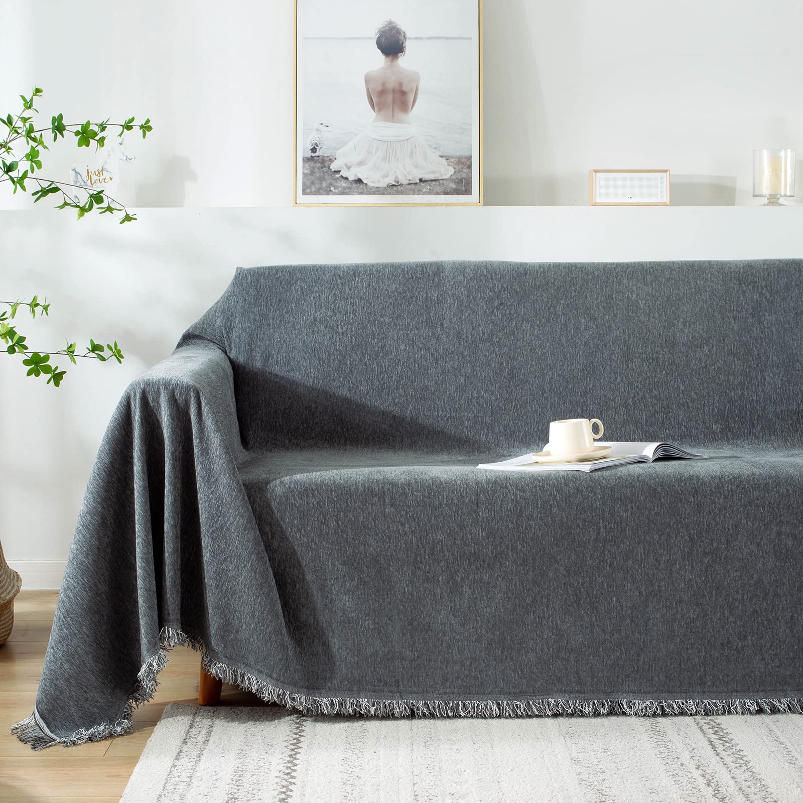 SHANNA Coperta Divano, antivegetativa lavabile antiscivolo coperta divano inverno con nappe, coperta pelosa coperta letto (180 x 260 cm, grigio scuro)