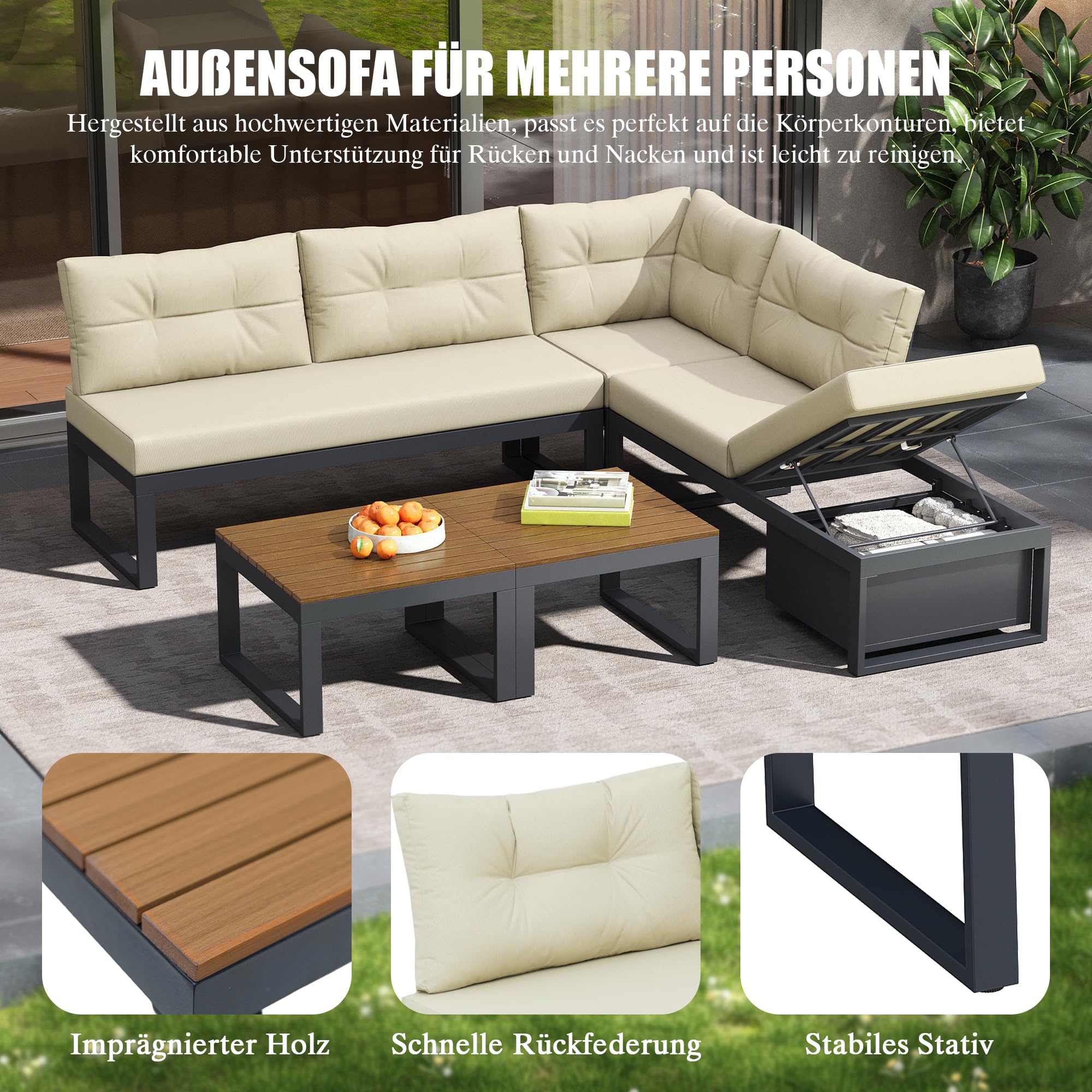 Ensemble de Meubles de Jardin Modulable avec Dossier Réglable 3 Positions, Fonction Relax, Rangement Intégré, Housse Polyester Résistant aux Intempéries - pour Terrasse, Balcon et Jardin
