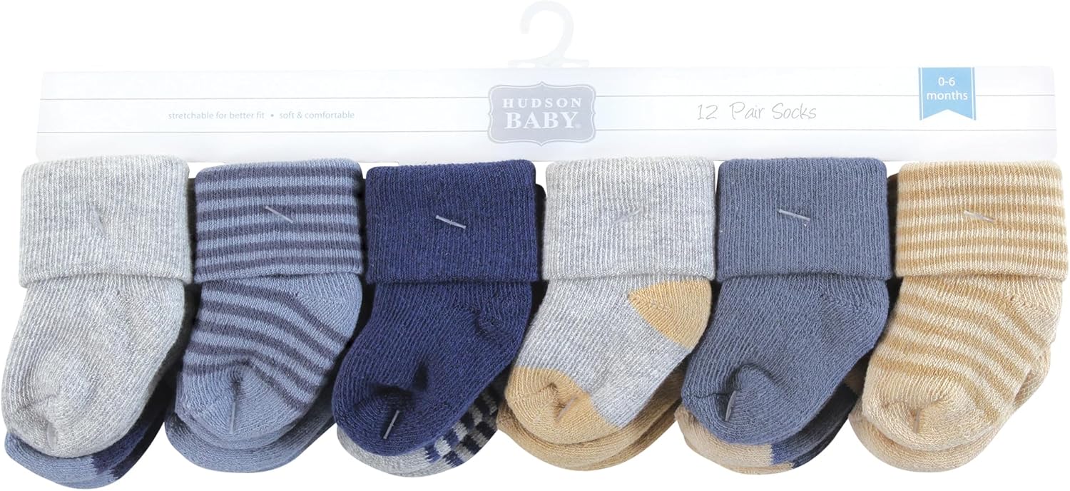 Hudson Baby Infant Boy Cotton Rich Newborn and Terry Socks, Blue Brown Stripes, 6-12 Months - Image 2