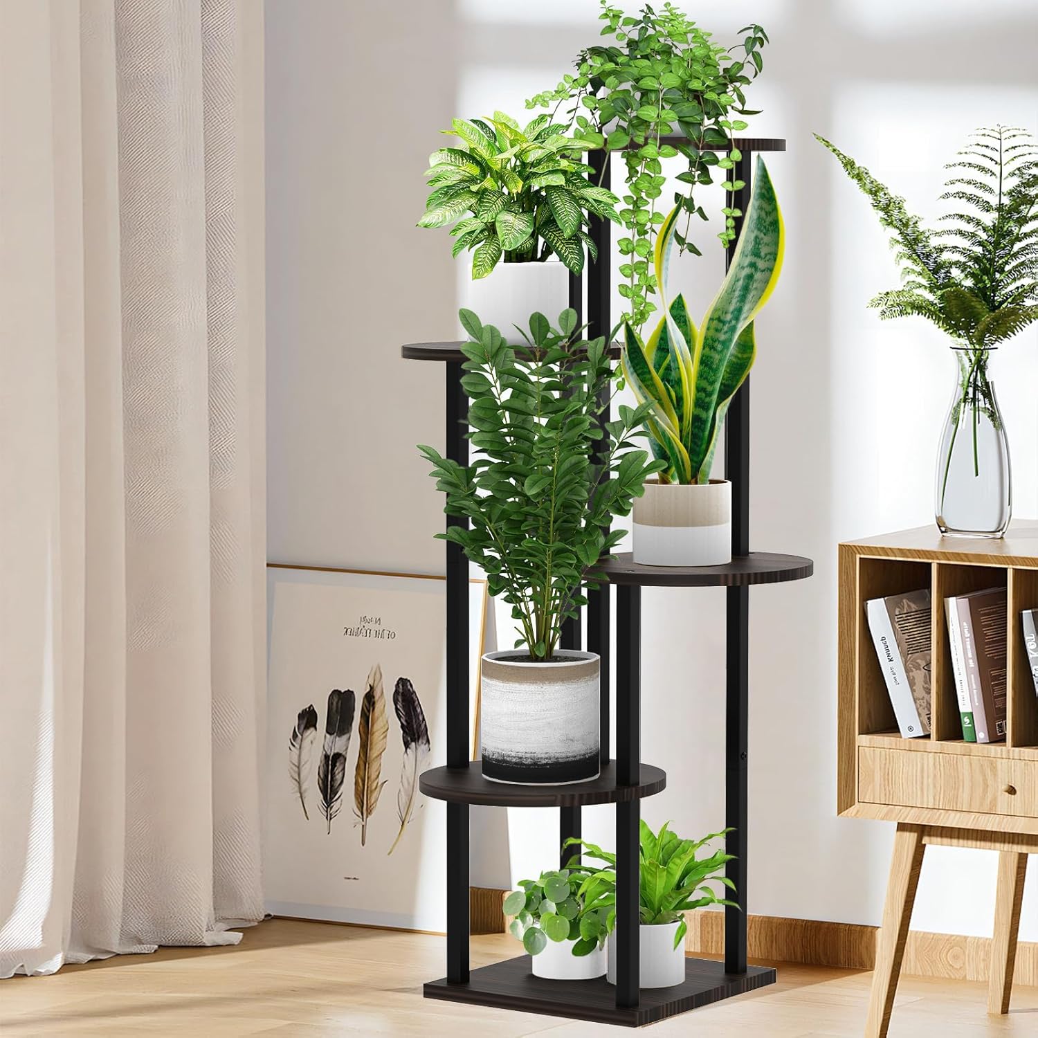 5 Tier Wood Tall Plant Stand Metal Rack Indoor, Multiple Flower Pot Holder Shelves Corner Rack, Round Planter Shelf Display Rack Storage Organizer for Patio Living Room Balcony(Black Oak)