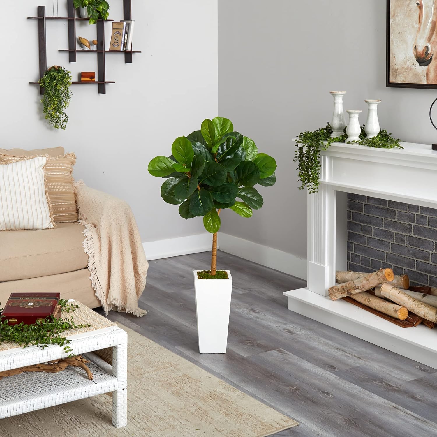 Nearly Natural 4ft. Fiddle Leaf Artificial Tree in White Tower Planter