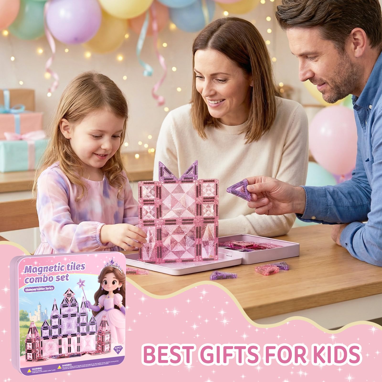 Magnetische Bausteine Reisespielzeug für Mädchen: 42 Teile Glitzer Diamant Magnetische Tiles in Metallbox für Auto, Flugzeug & Zug – 90 Minuten Beschäftigung, 45s Aufräumen – Geschenk ab 3-6 Jahren