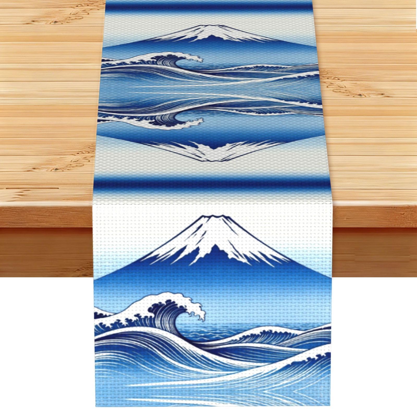 Fuji Wave Ocean Linen Look Table Runner 13x72-Wrinkle Resistant Farmhouse Style for Dining Table Decor