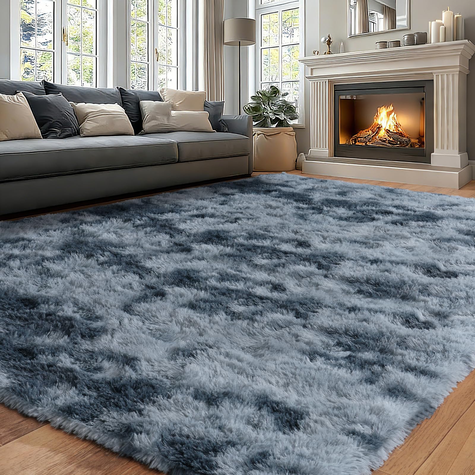 iEvery Large Rugs for Living Room 160x230 cm - Fluffy Shaggy Area Rug for Bedroom, Soft Non Slip High Pile Modern Floor Carpet for Kids Room, Blue and Grey