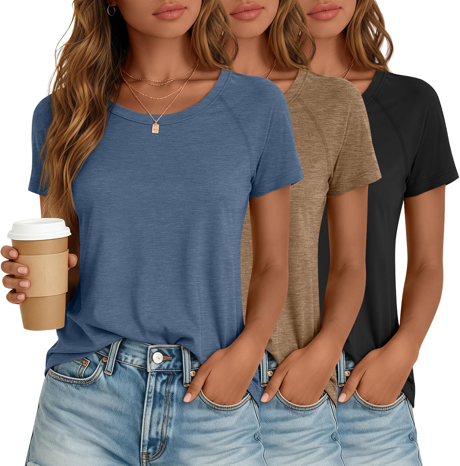 Ficerd 3 Pack Women's Short Sleeve Shirts Tunic Tops Loose Fit Dressy Raglan Curved Hem Side Split Summer Blouses