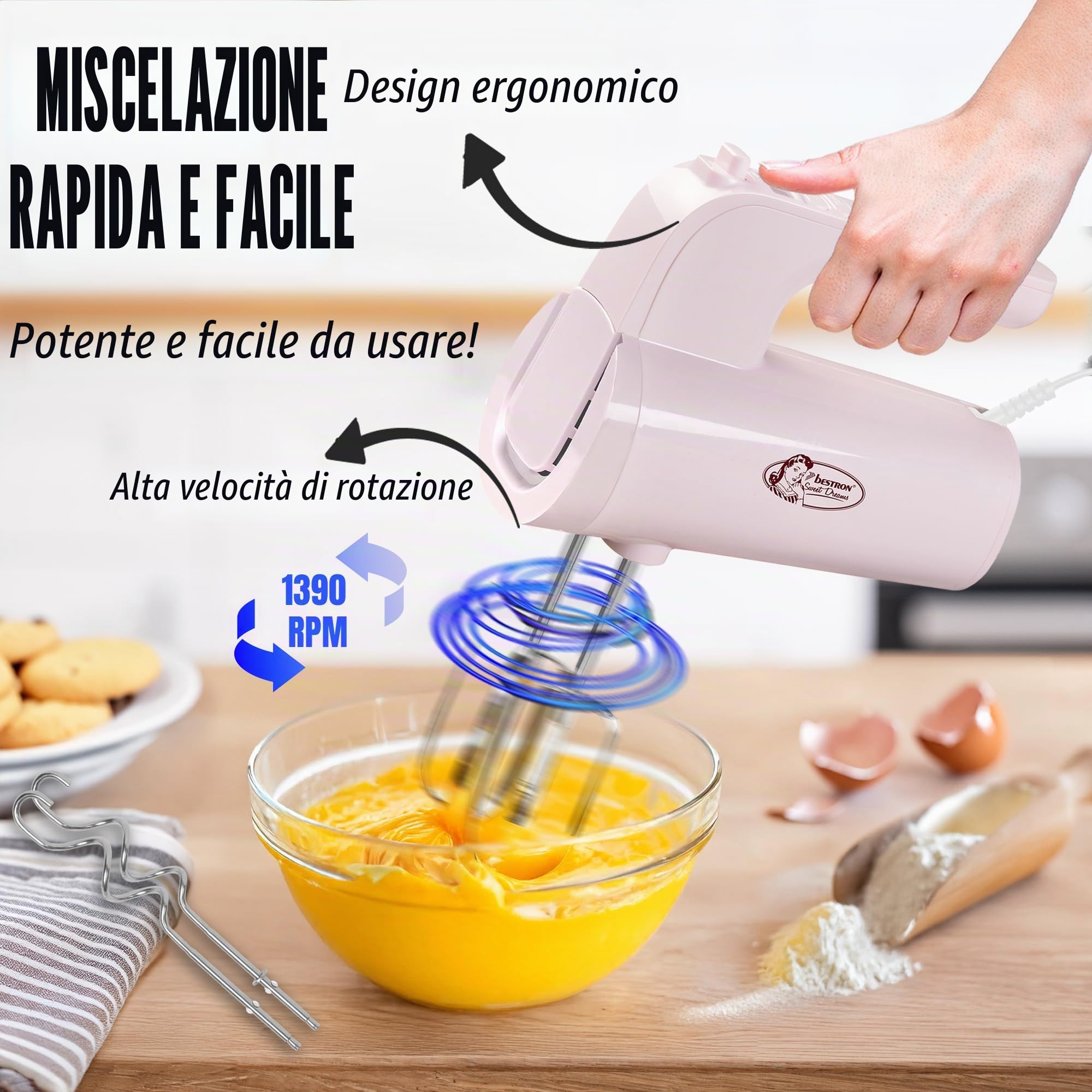 Bestron Power - Frullatore manuale a 6 livelli, funzione turbo e display LCD, con 2 fruste e 2 ganci per impastare, peso leggero di 1 kg, colore: Rosa