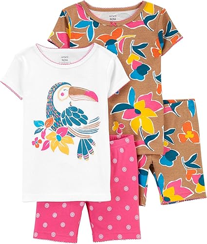 Carter's Toddler Girls 4pc Cotton Snug Pajamas PJs Set (Toucan/Multi, 5T)