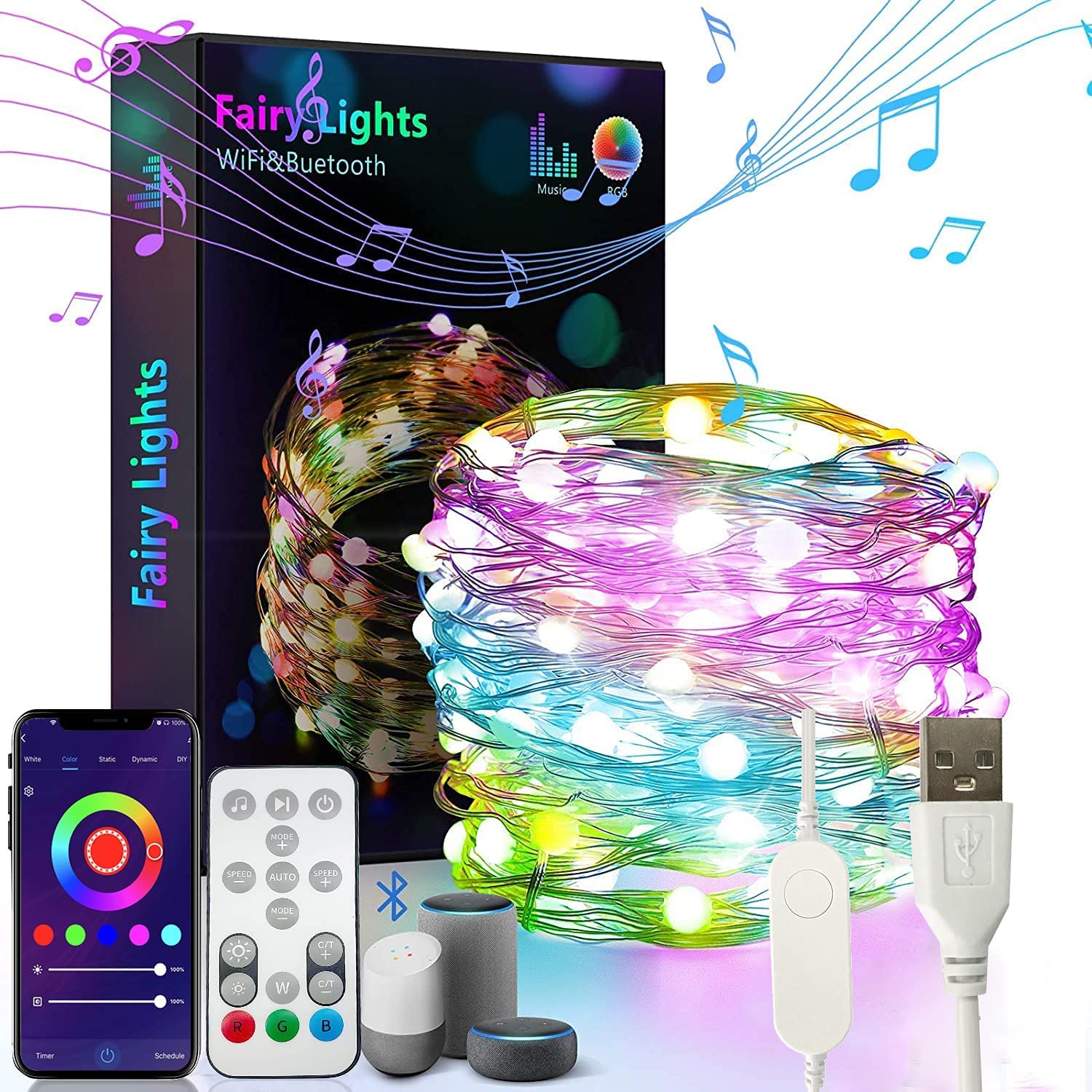 Eleadsouq Led String Lights, Smart Fairy Lights 32.8FT 100LED with Music Mode & Remote App Control, RGB String Lights Compatible with Google Home Alexa USB Powered for Bedroom Party Patio Home Decor
