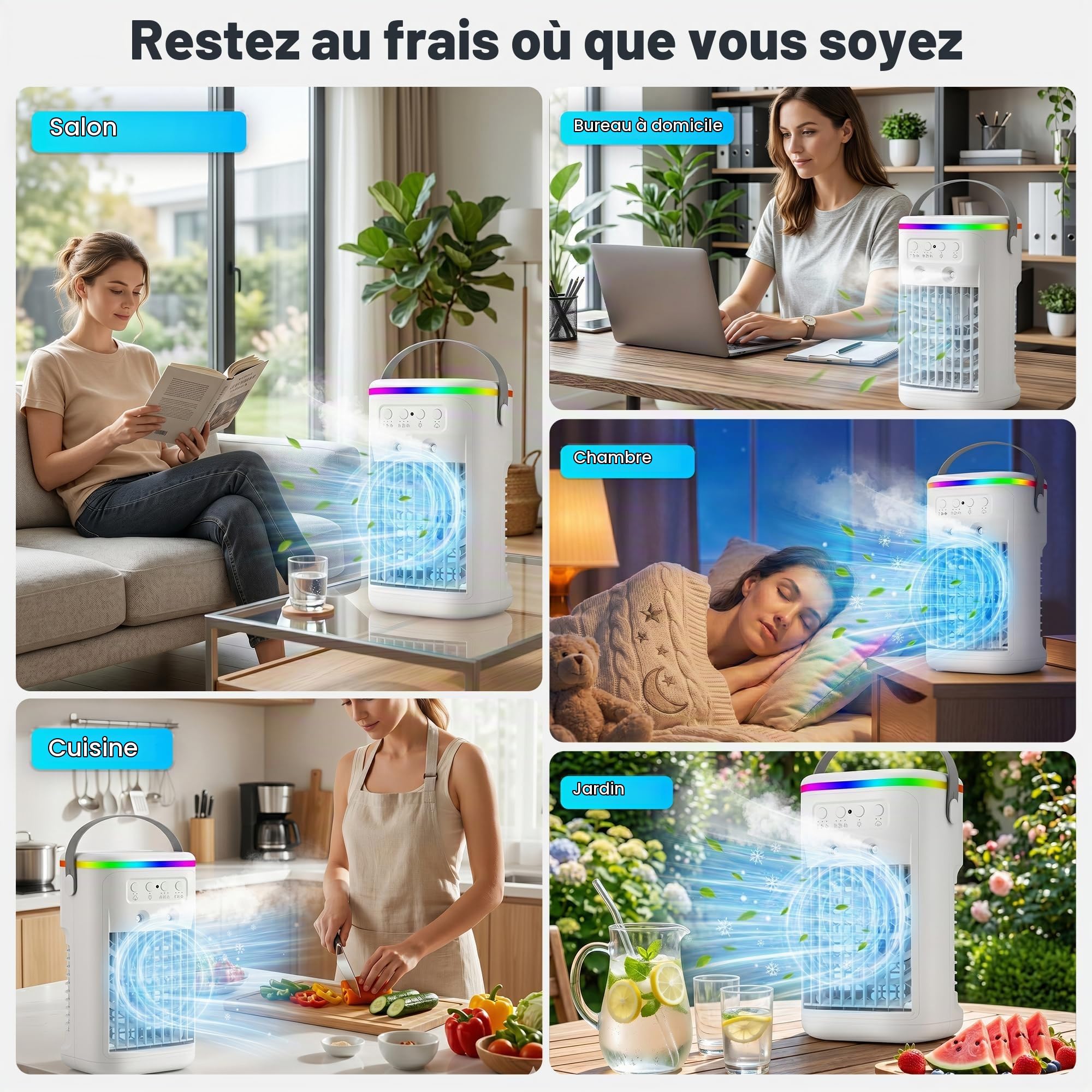 Climatiseur Mobile, Mini Rafraîchisseur d’Air Silencieux avec Télécommande, Ventilateur Brumisateur USB, 3 Vitesses, 2 Modes Brume, Minuteur 1H/2H/4H, LED 7 Couleurs, pour Chambre Bureau