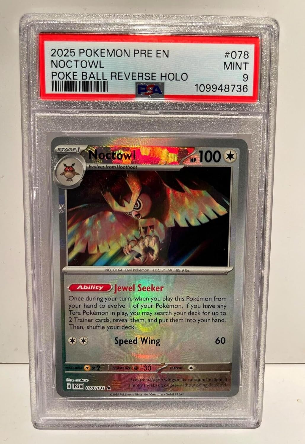 2025 Pokemon Pre EN-Prismatic Evolutions Poke Bowl Reverse Holo "Noctowl" PSA 9