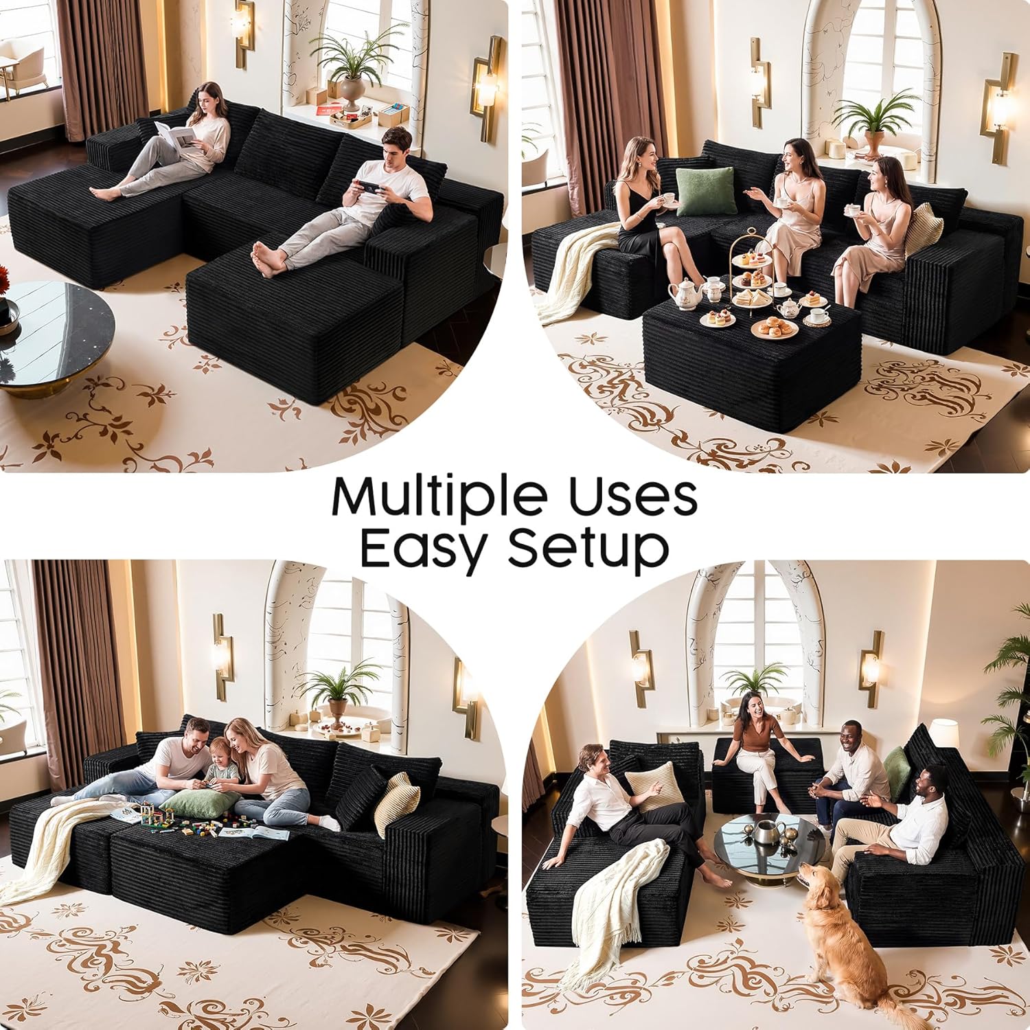 Black Sectional Couch with Ottoman, 108" Cloud Modular Couch for Living Room, Modern U-Shaped Sofa, No Assembly Required - Plush Corduroy Fabric & Deep Seat Comfort (Right Facing Chaise)