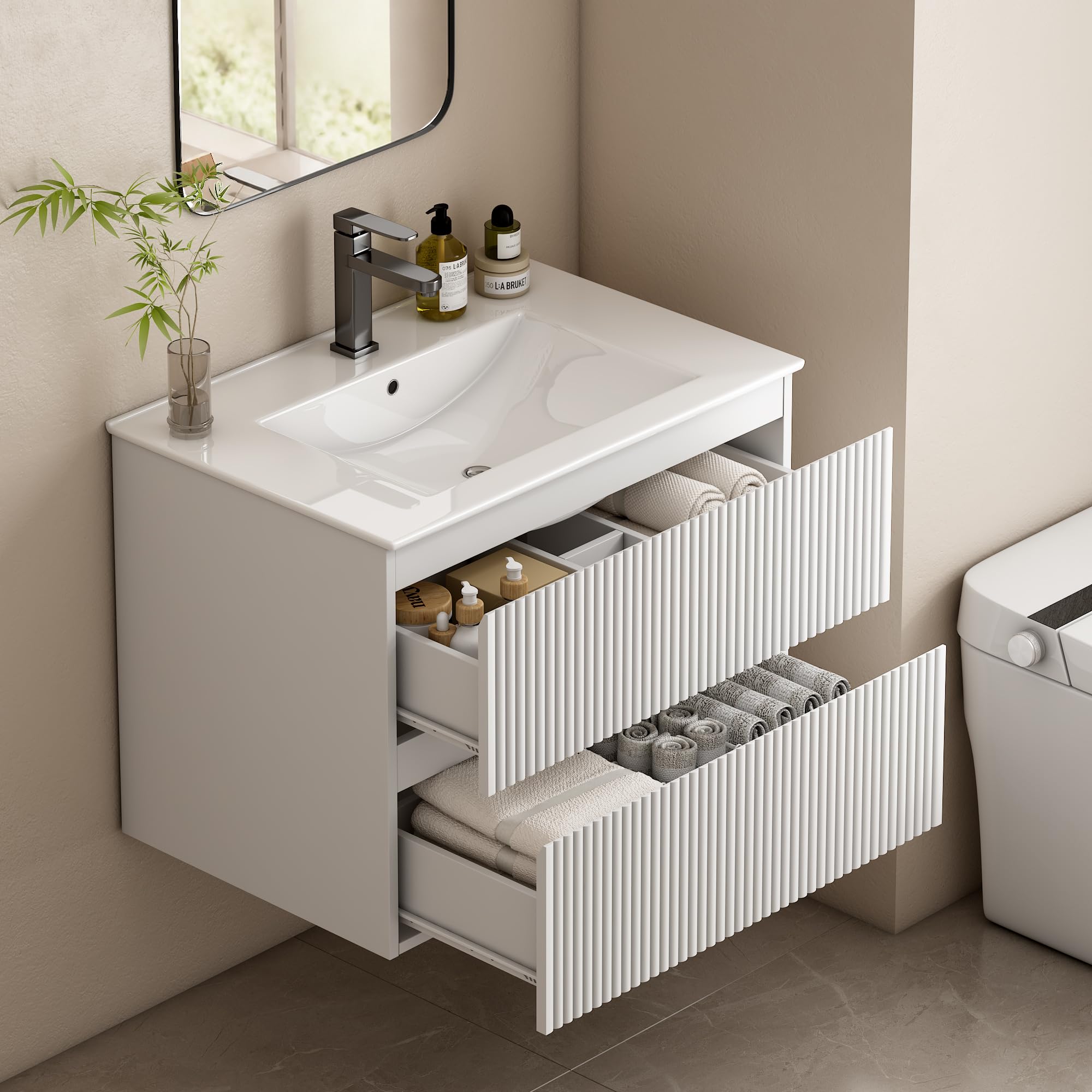 Waschtisch für Gäste-WC 60 cm, Hängender Waschbeckenunterschrank mit Keramik-Waschbecken, 2 Schubladen mit Rillenfront für kleine Bäder, Weiß