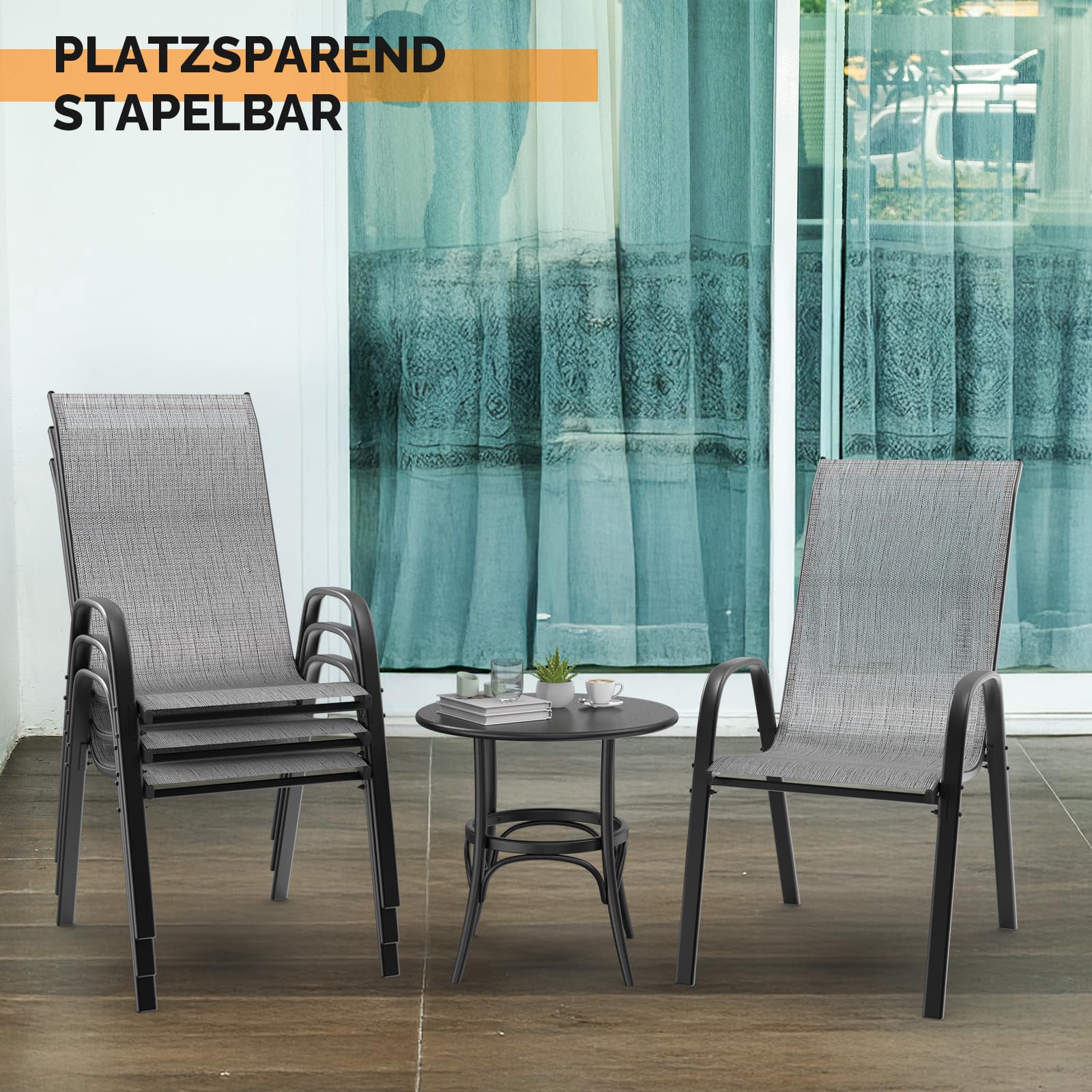 Bonnlo Stapelbare Gartenstühle 2er Set, Outdoor-Essstühle, Wetterfeste Stapelstühle mit Atmungsaktivem Textilene, Robustes Metallgestell, für Balkon, Terrasse & Garten, bis 180 kg, Grau