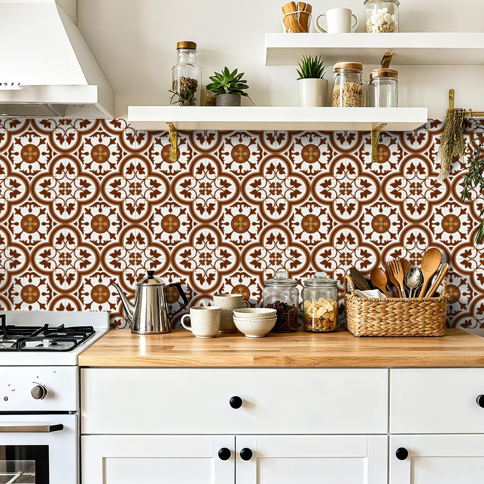 Peel and Stick Wall Tiles 15x15 cm Moroccan Orange Kitchen Tile Stickers Waterproof PVC for Stairs Cabinets Fireplaces Decoration on Bathroom 24 Pcs