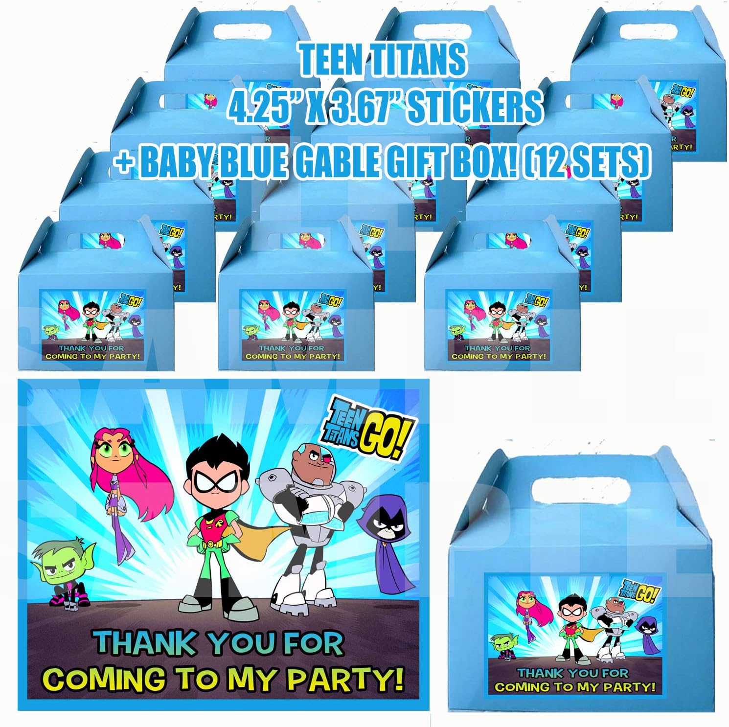 Teen Titans GO Party Favor Boxes with Thank You Decals Stickers Loots Blue Birthday 12 Pieces Great Seller …Robin, Starfire, Cyborg, Raven, Beast Boy Super Heroes