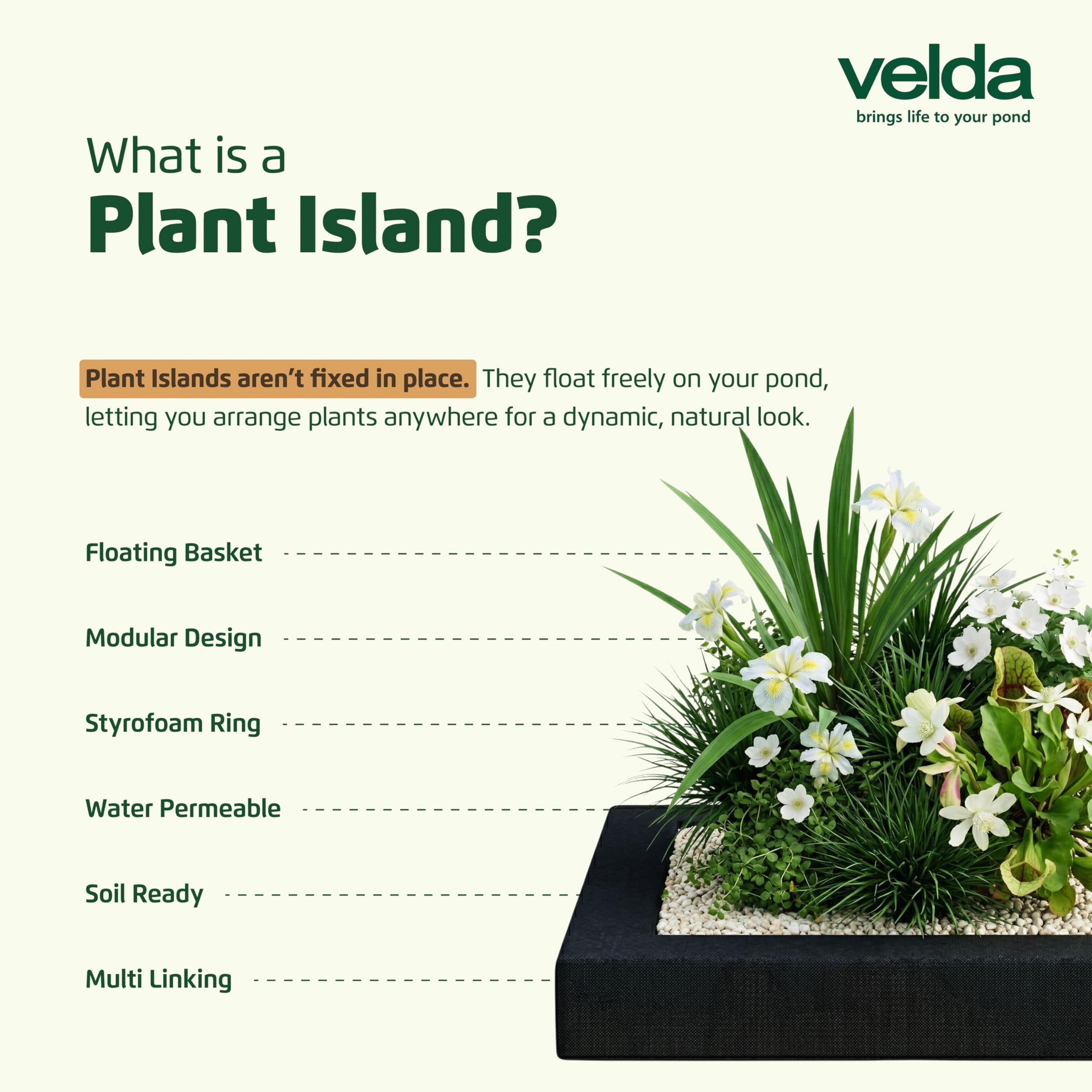 Velda 127577 – Isola per Piante per laghetto, Rettangolare, 25 cm, Floating Plant Island