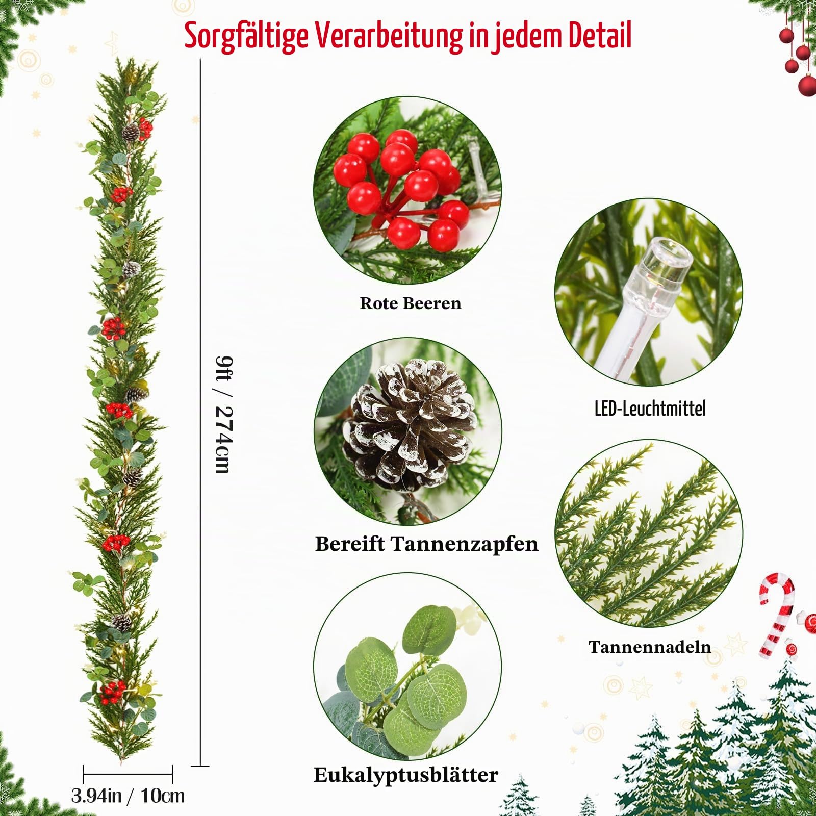 Lewondr Weihnachtsgirlande mit Beleuchtung, 2,7m 30LED Warm Batteriebetrieben Girlande Lichter mit Timer, Weihnachtsdeko Innen für Treppen Geländer Kaminsims, Künstliche Eukalyptus Girlande