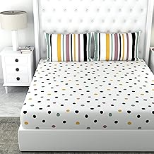 LORETO - A QUALITY LINEN BRAND 100% Cotton Bedsheet for Double Bed, 1 Double Bedsheet with 2 Pillow Covers | 144 TC Queen Size Double Bedsheet Cotton, Floral (Lemon Drops with Black Polka Dots)