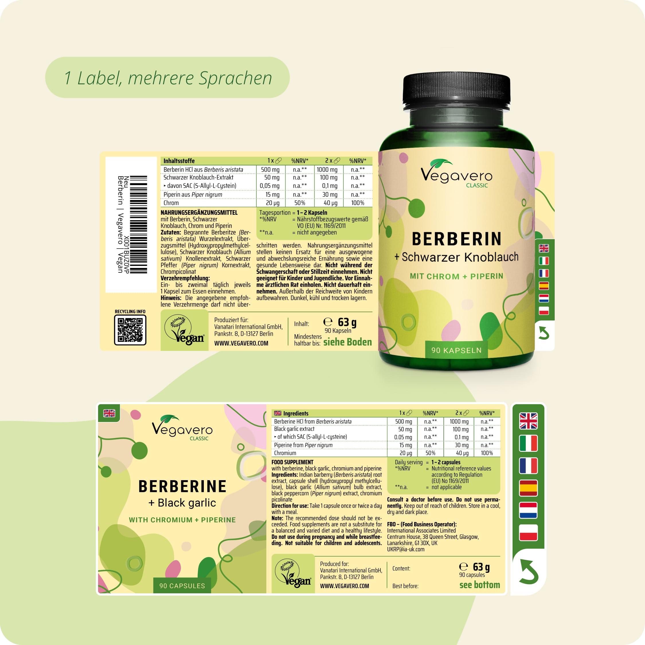 Berberin Kapseln 1000 mg | Hochdosierter Extrakt 50:1 | Chrom + Schwarzem Knoblauch + Piperin | Vegan & Ohne Zusatzstoffe | Laborgeprüft | Deutsche Produktion von Vegavero